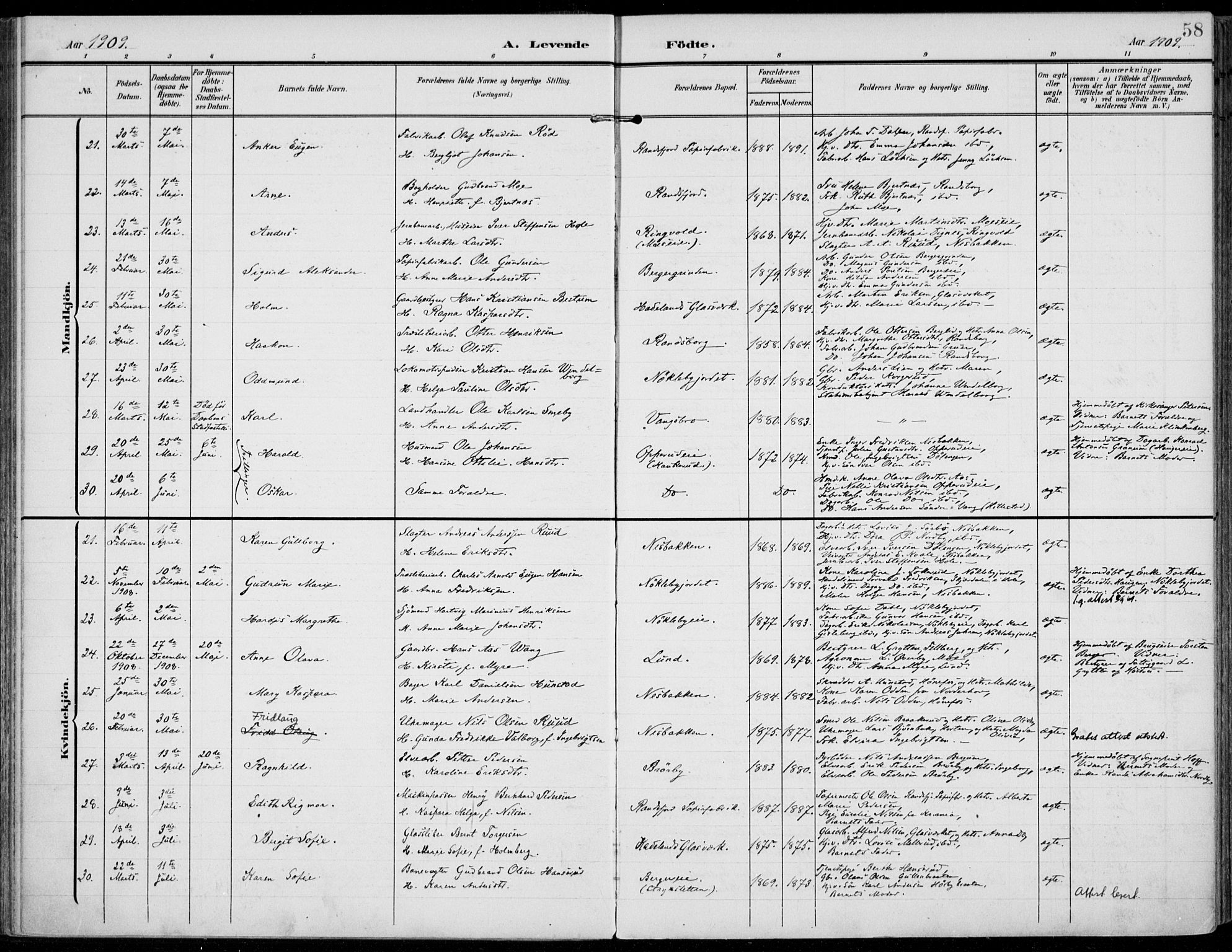 Jevnaker prestekontor, AV/SAH-PREST-116/H/Ha/Haa/L0011: Parish register (official) no. 11, 1902-1913, p. 58