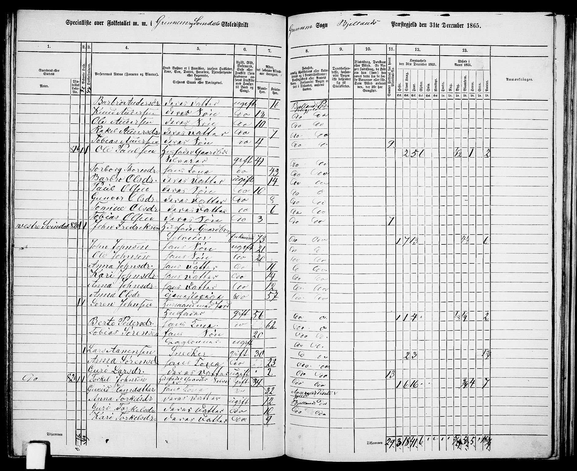 RA, 1865 census for Bjelland, 1865, p. 67