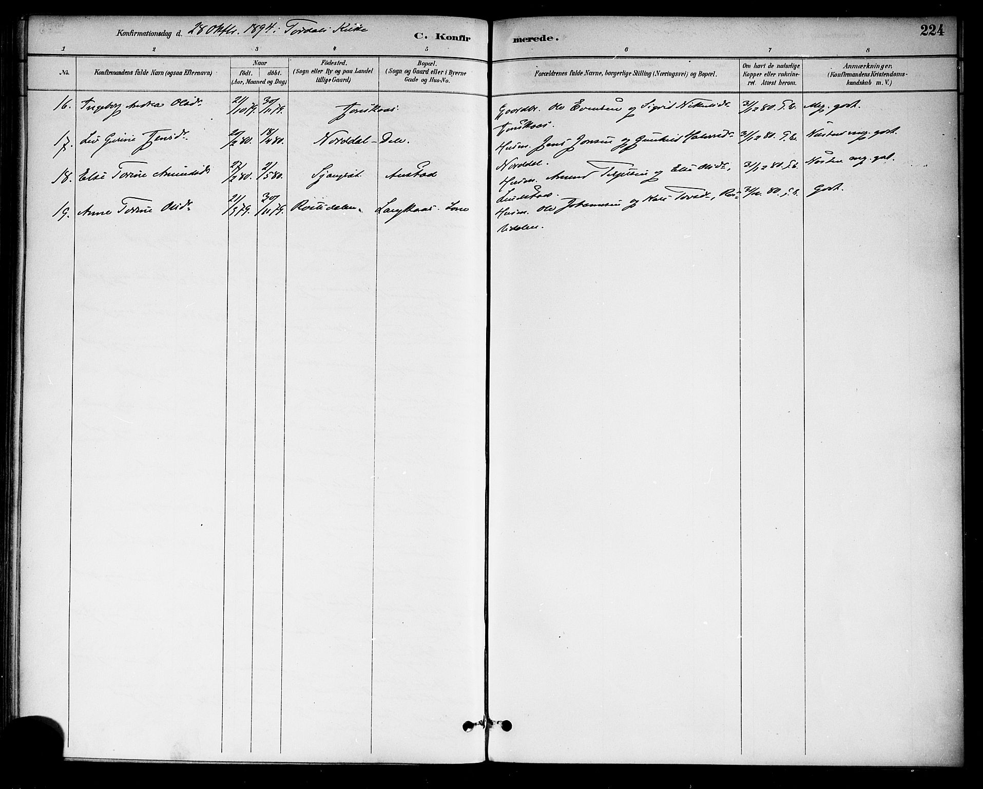 Drangedal kirkebøker, SAKO/A-258/F/Fa/L0010: Parish register (official) no. 10 /2, 1885-1894, p. 224