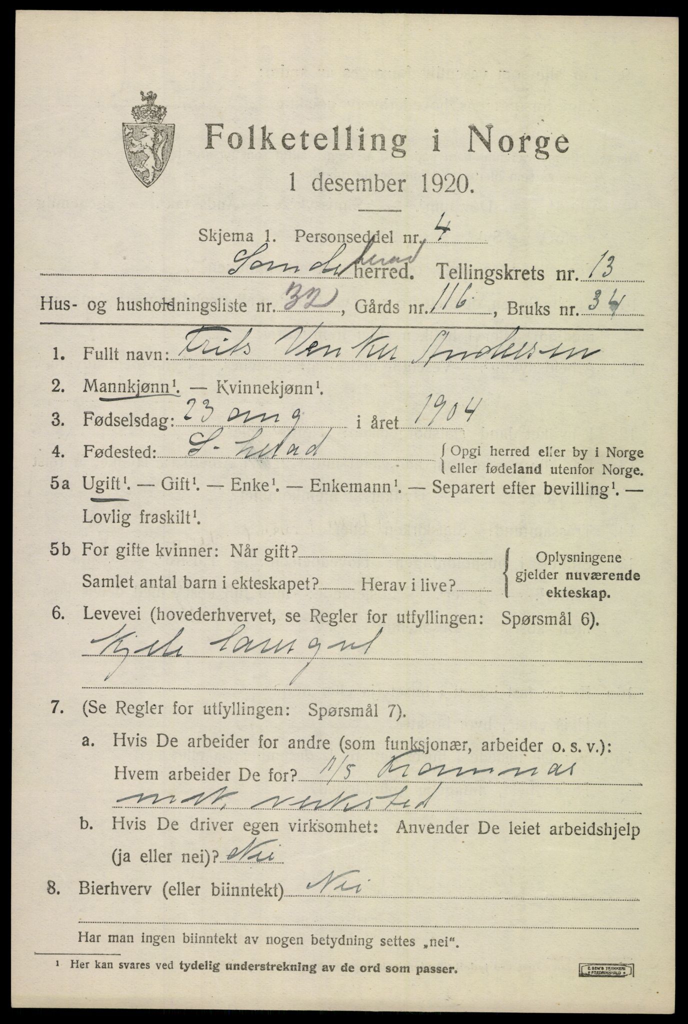 SAKO, 1920 census for Sandeherred, 1920, p. 19672