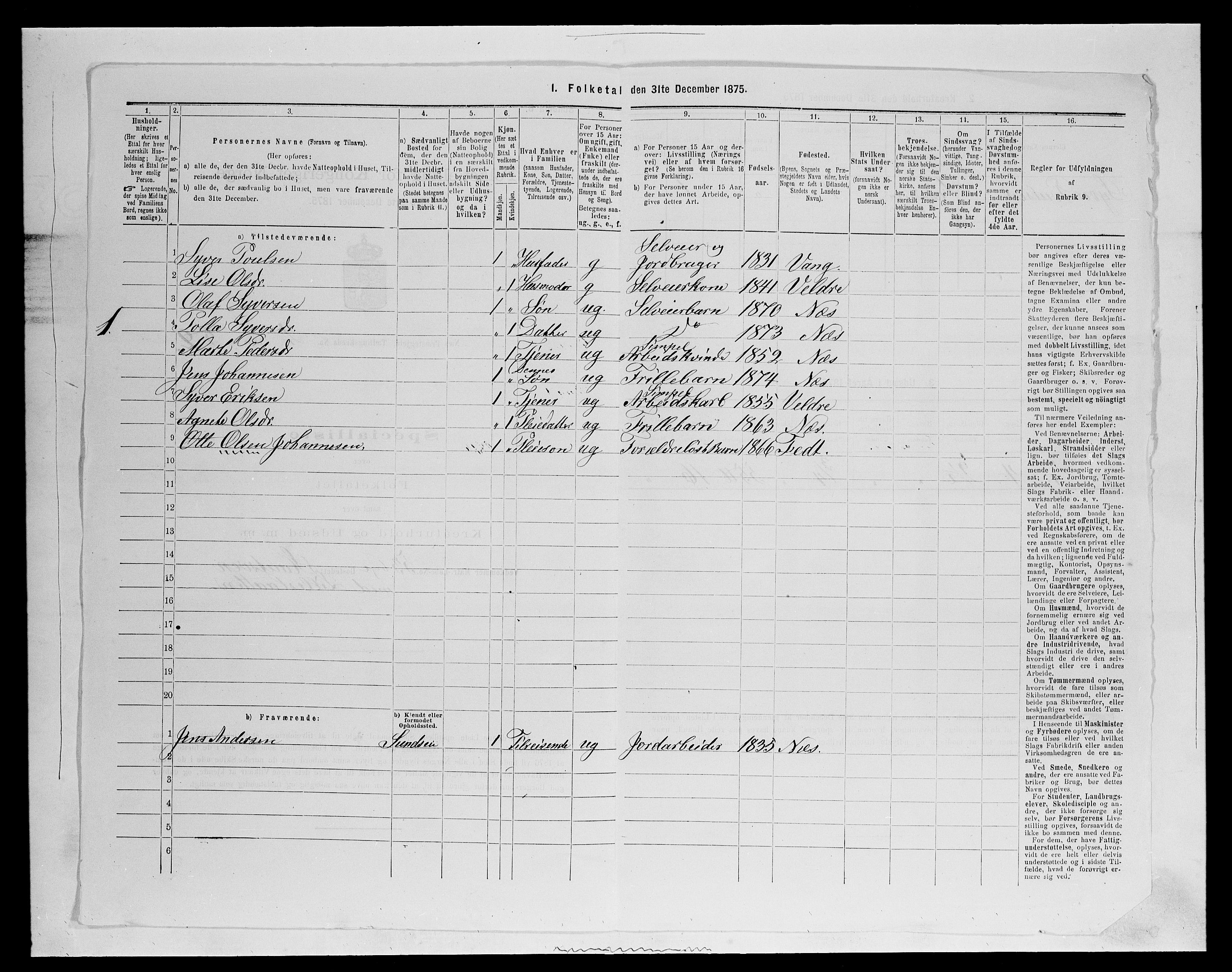 SAH, 1875 census for 0411P Nes, 1875, p. 435