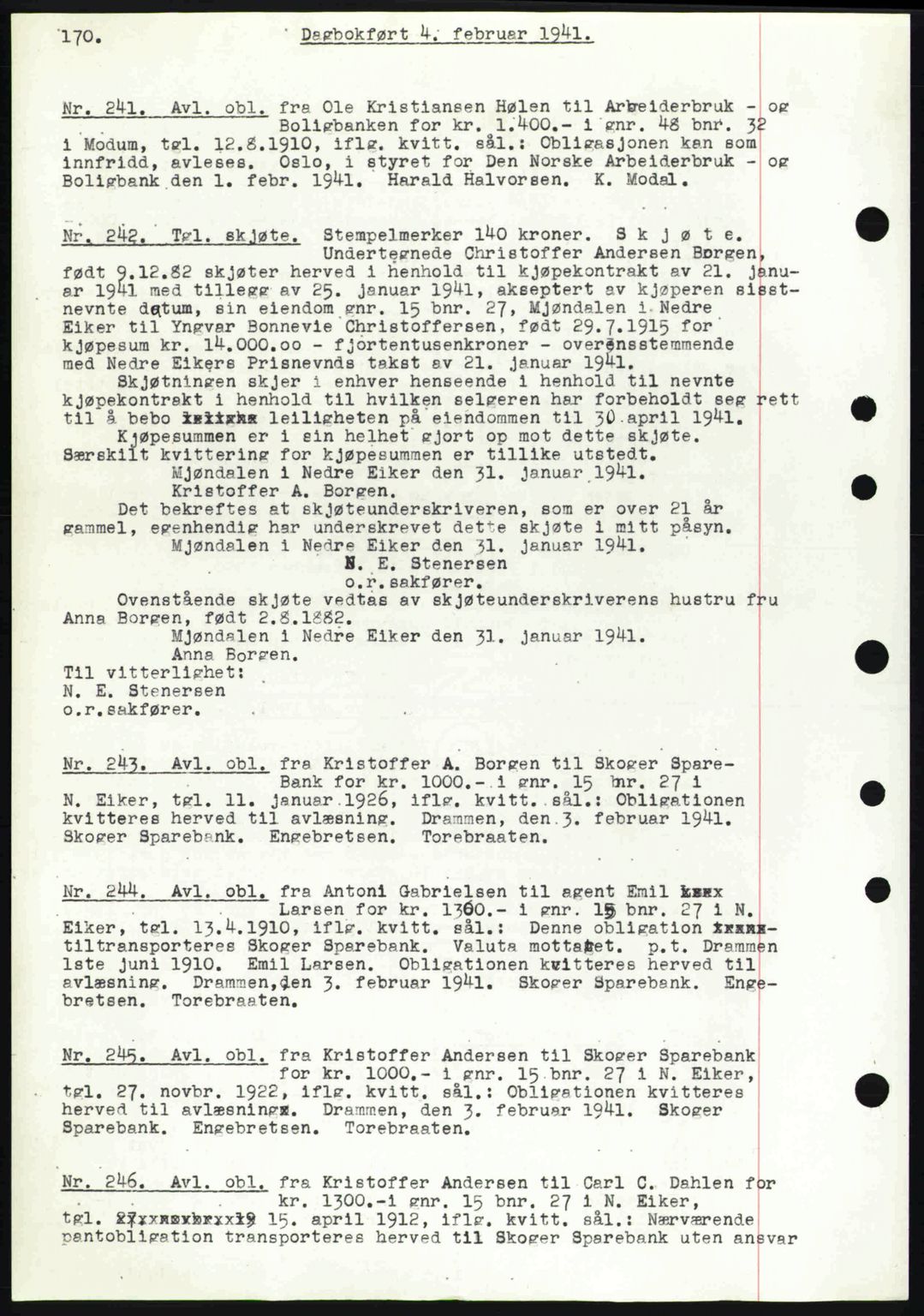 Eiker, Modum og Sigdal sorenskriveri, SAKO/A-123/G/Ga/Gab/L0043: Mortgage book no. A13, 1940-1941, Diary no: : 241/1941