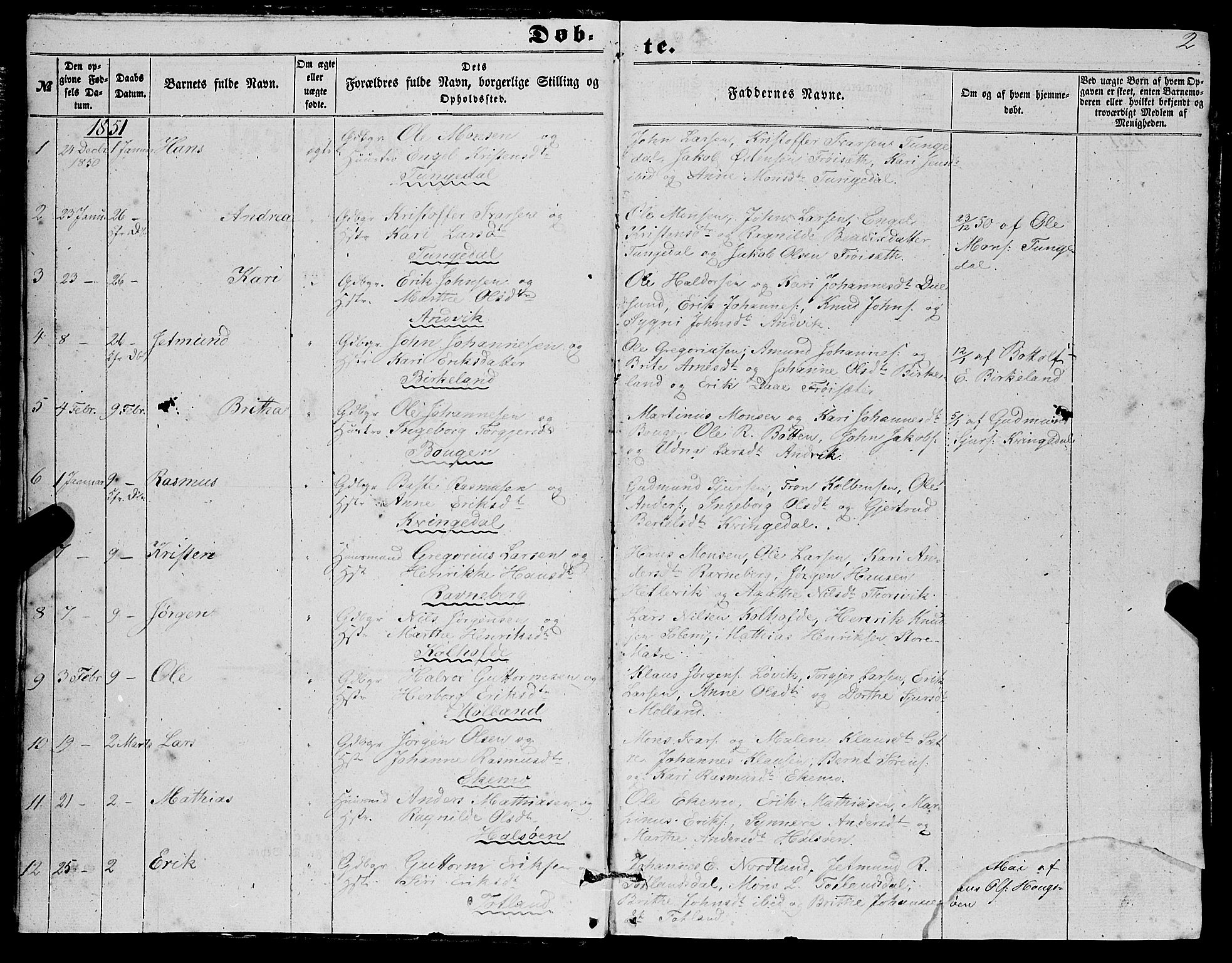 Masfjorden Sokneprestembete, SAB/A-77001: Parish register (copy) no. A 1, 1851-1875, p. 2