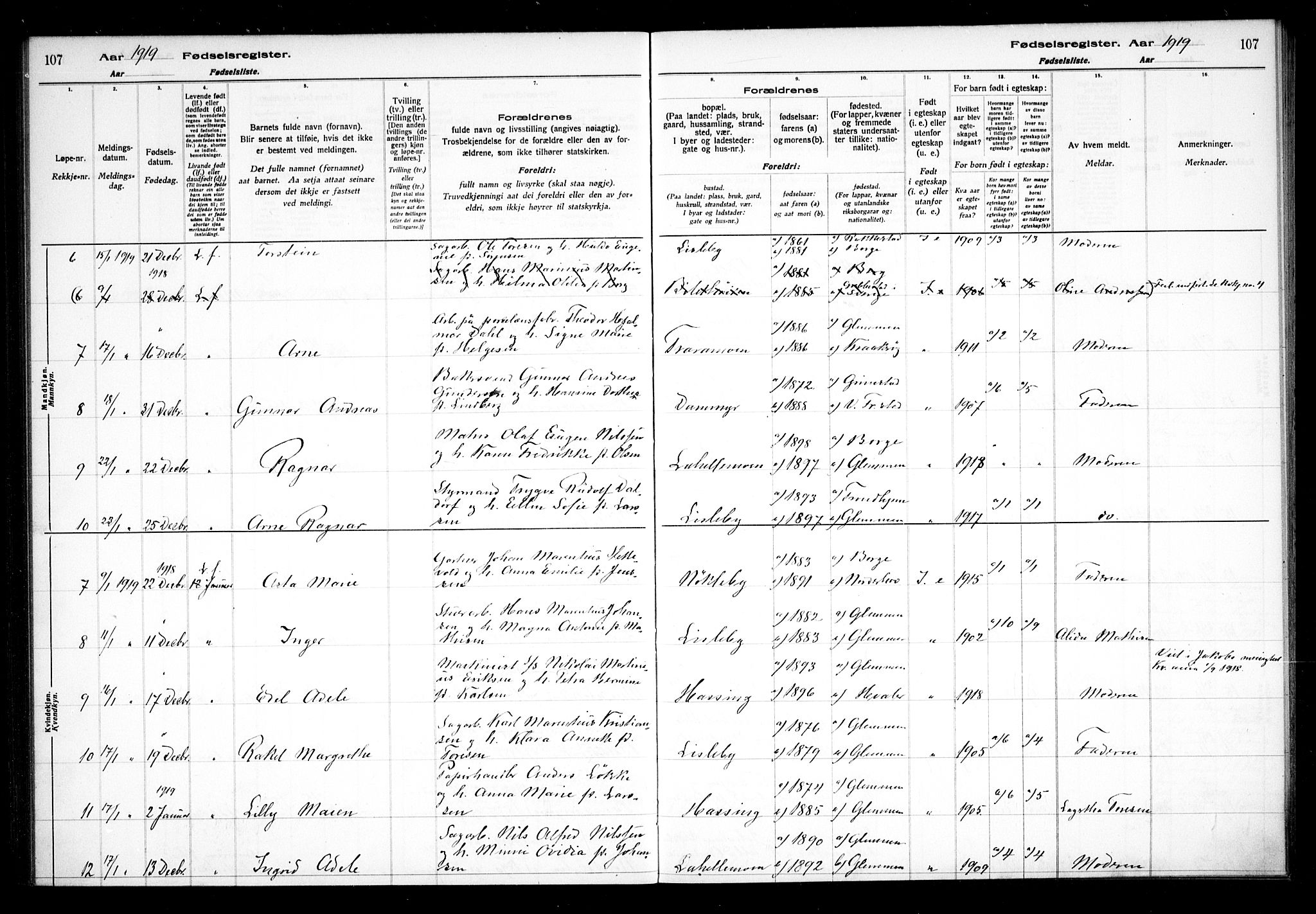 Glemmen prestekontor Kirkebøker, AV/SAO-A-10908/J/Ja/L0001: Birth register no. I 1, 1916-1922, p. 107