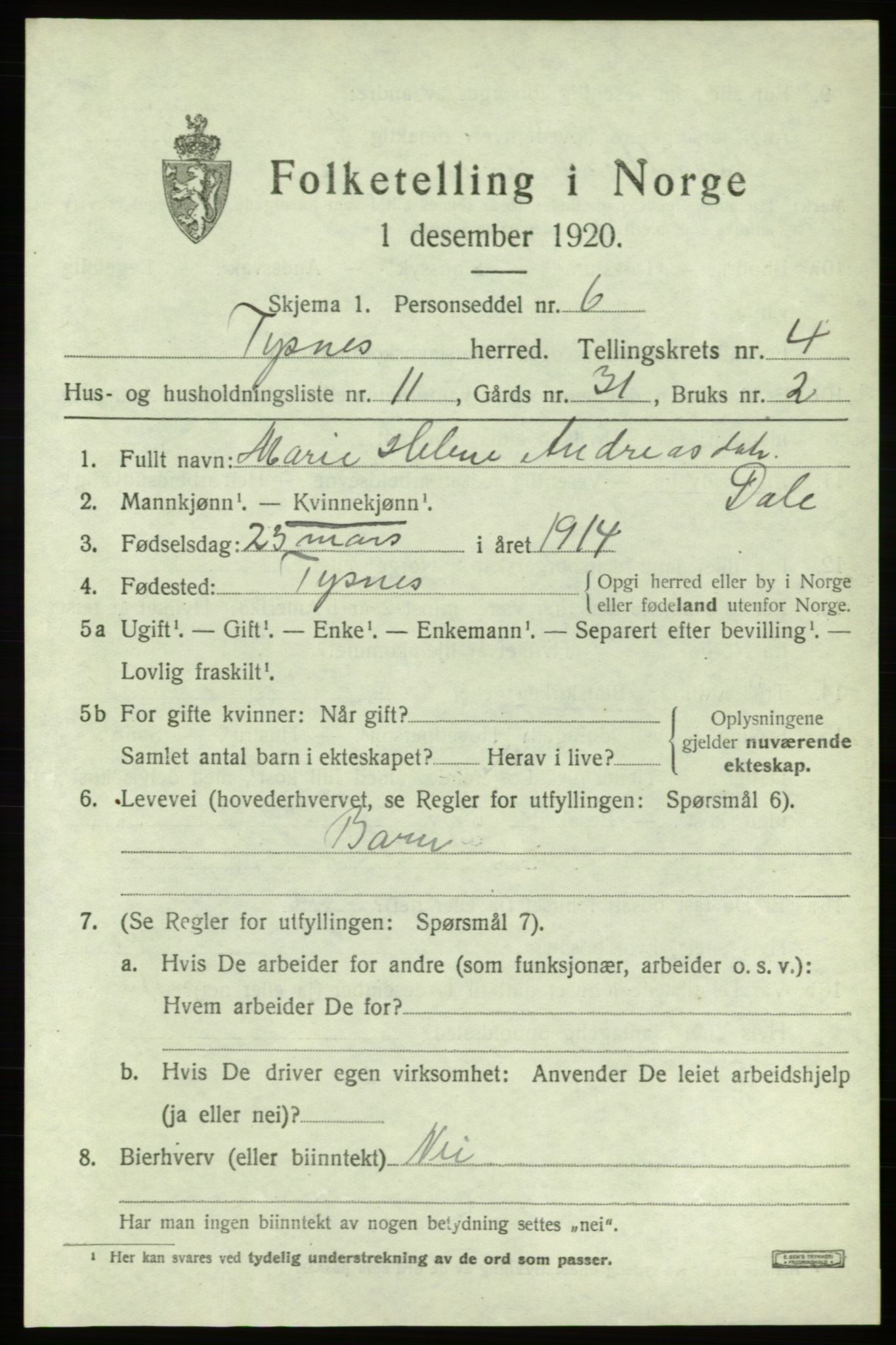 SAB, 1920 census for Tysnes, 1920, p. 3322