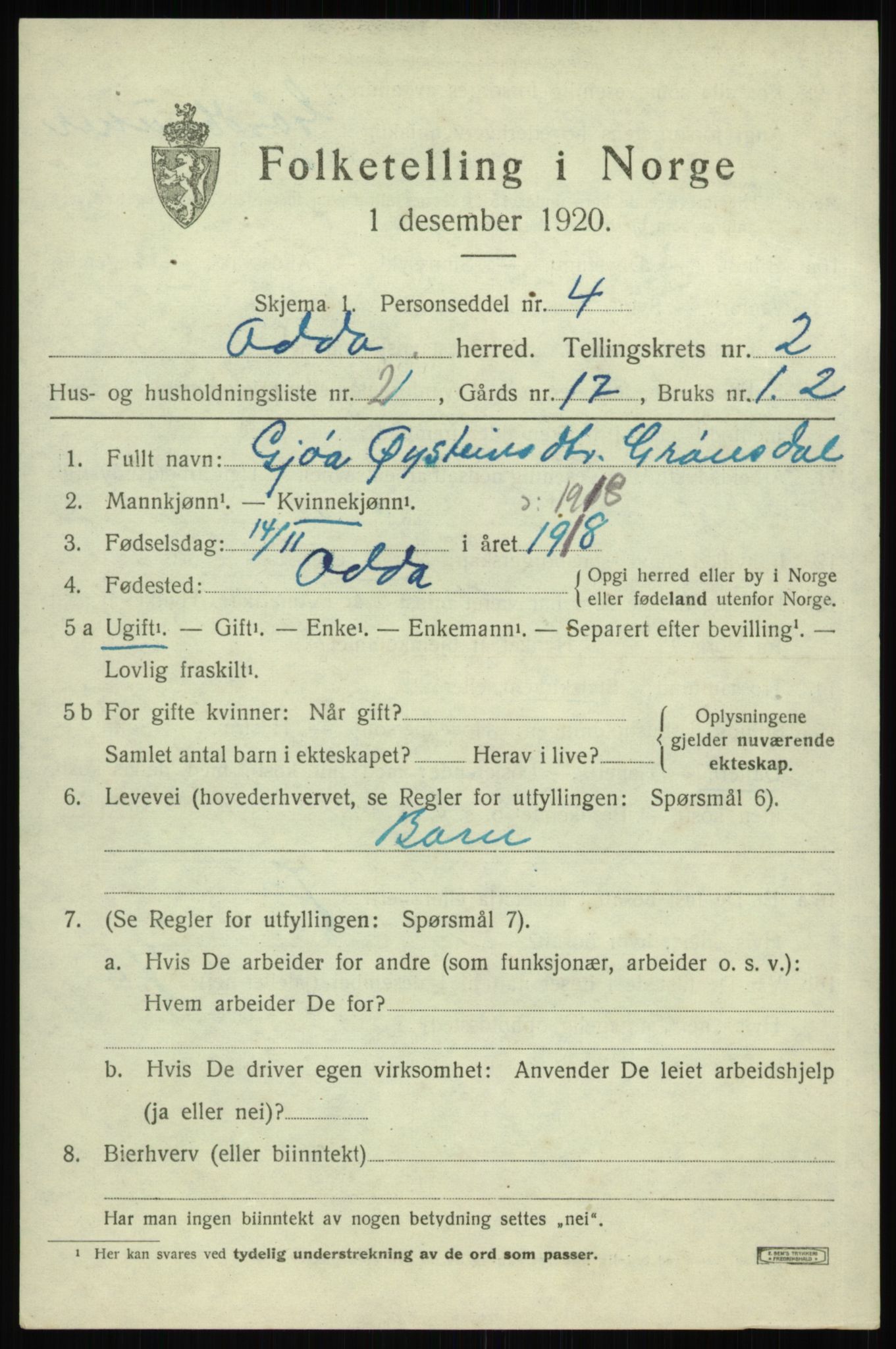 SAB, 1920 census for Odda, 1920, p. 2131