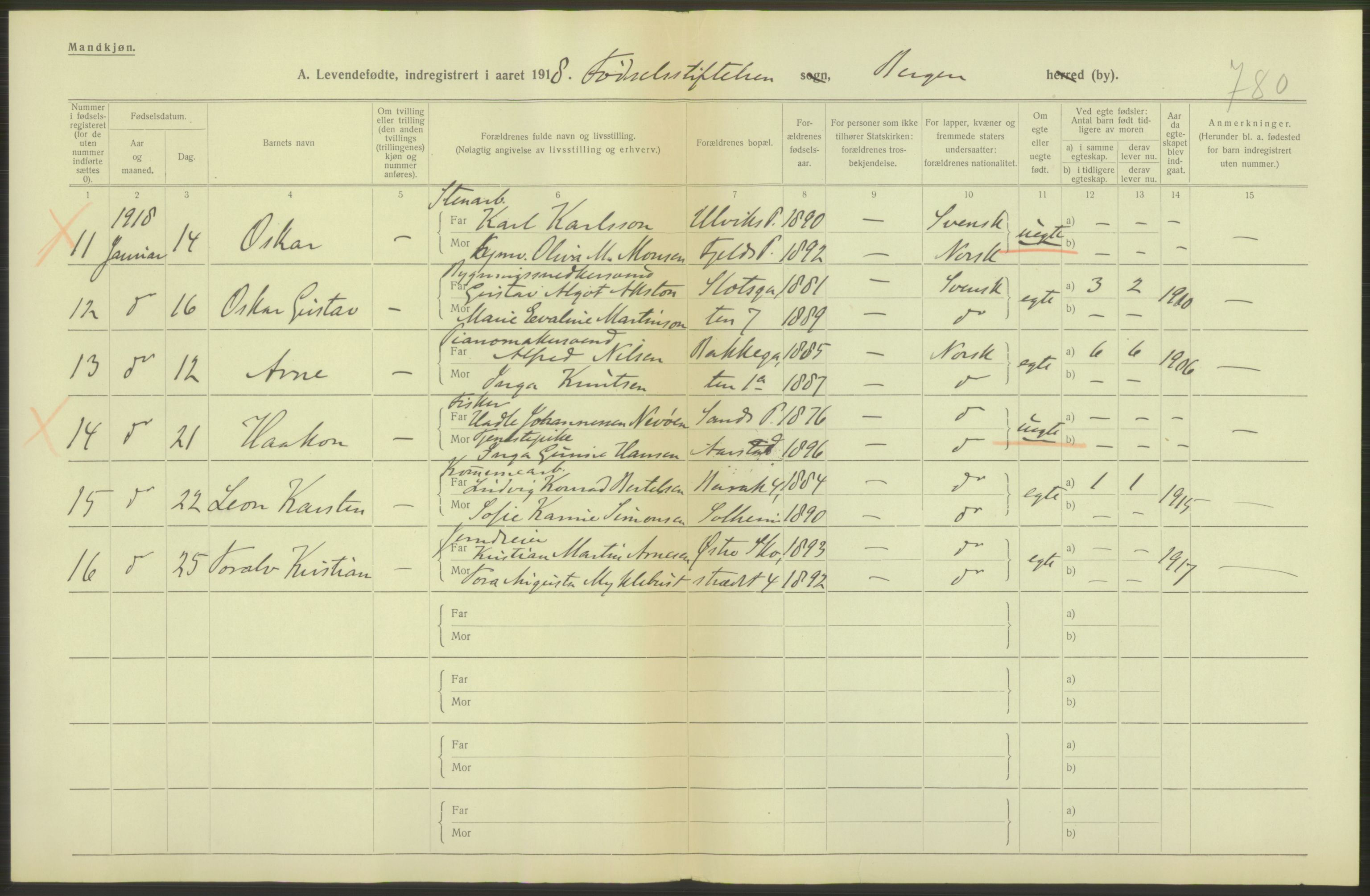 Statistisk sentralbyrå, Sosiodemografiske emner, Befolkning, AV/RA-S-2228/D/Df/Dfb/Dfbh/L0037: Bergen: Levendefødte menn og kvinner., 1918, p. 44