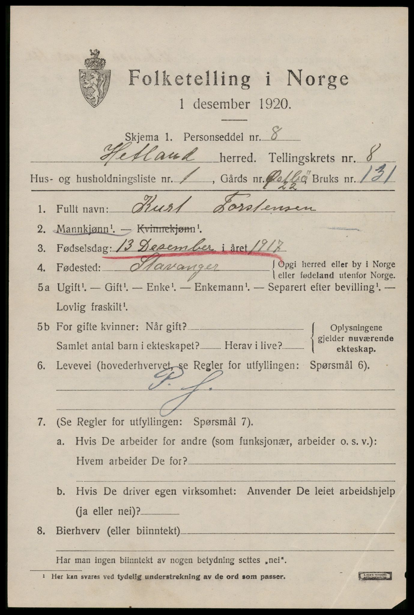 SAST, 1920 census for Hetland, 1920, p. 15457