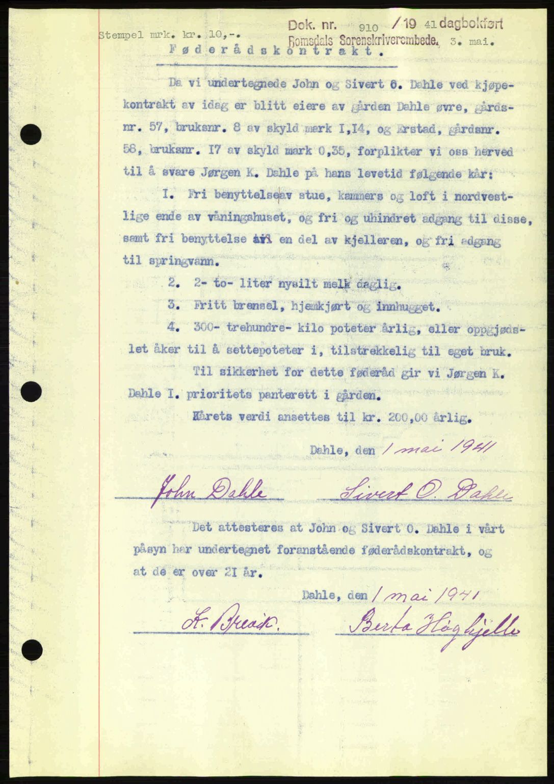 Romsdal sorenskriveri, AV/SAT-A-4149/1/2/2C: Mortgage book no. A10, 1941-1941, Diary no: : 910/1941