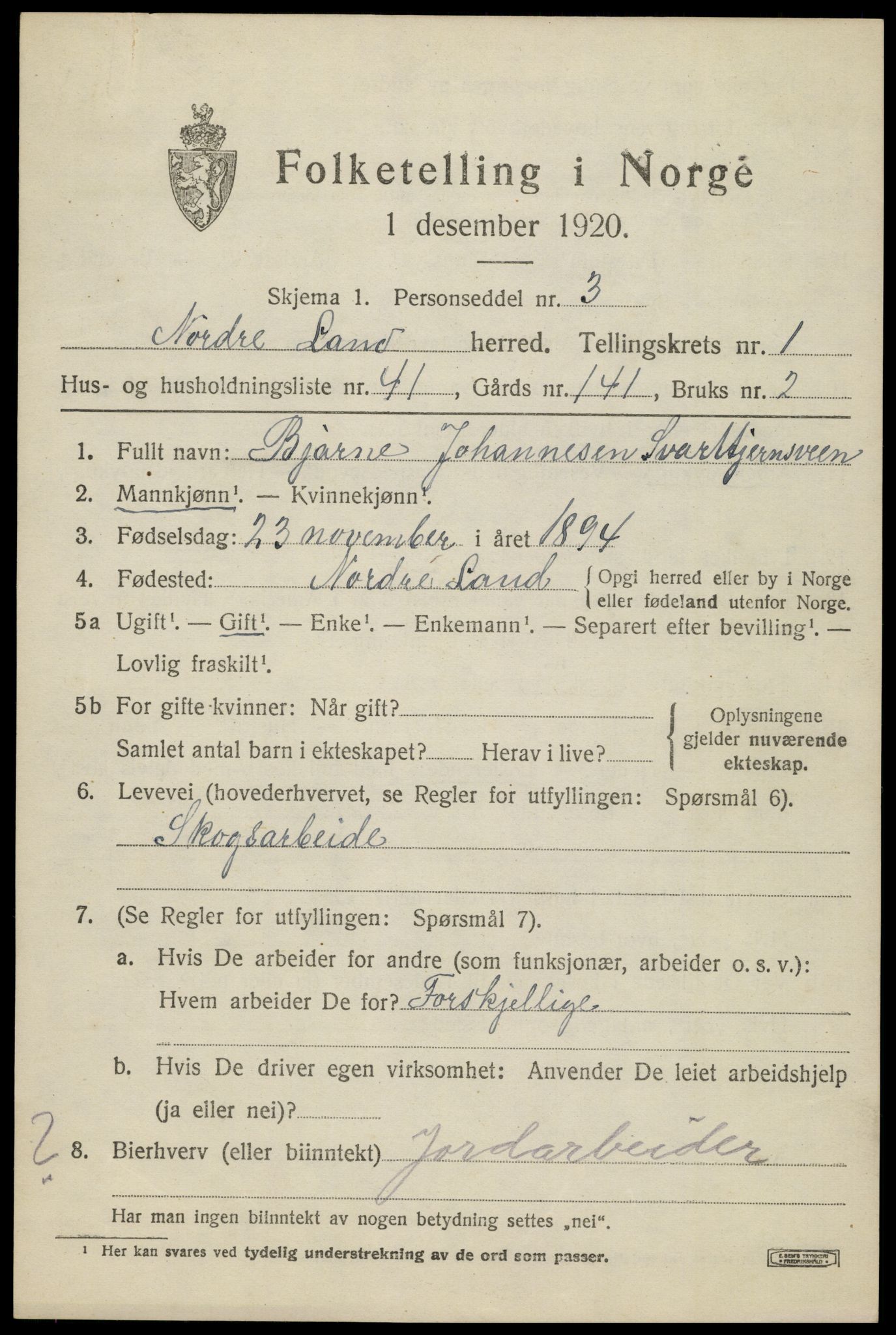 SAH, 1920 census for Nordre Land, 1920, p. 1562