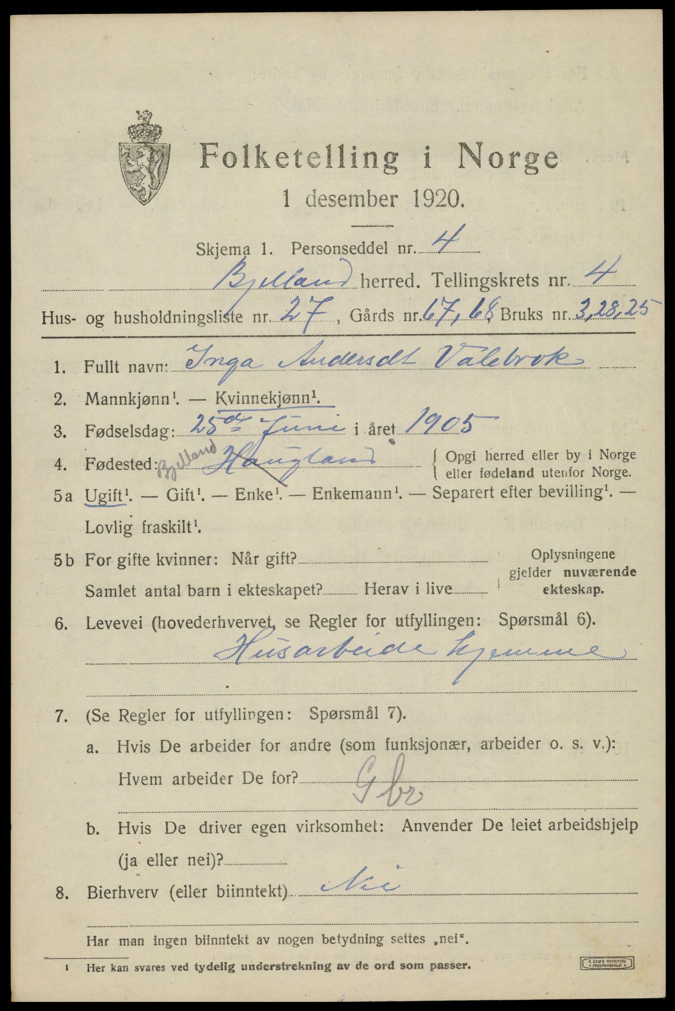 SAK, 1920 census for Bjelland, 1920, p. 1467