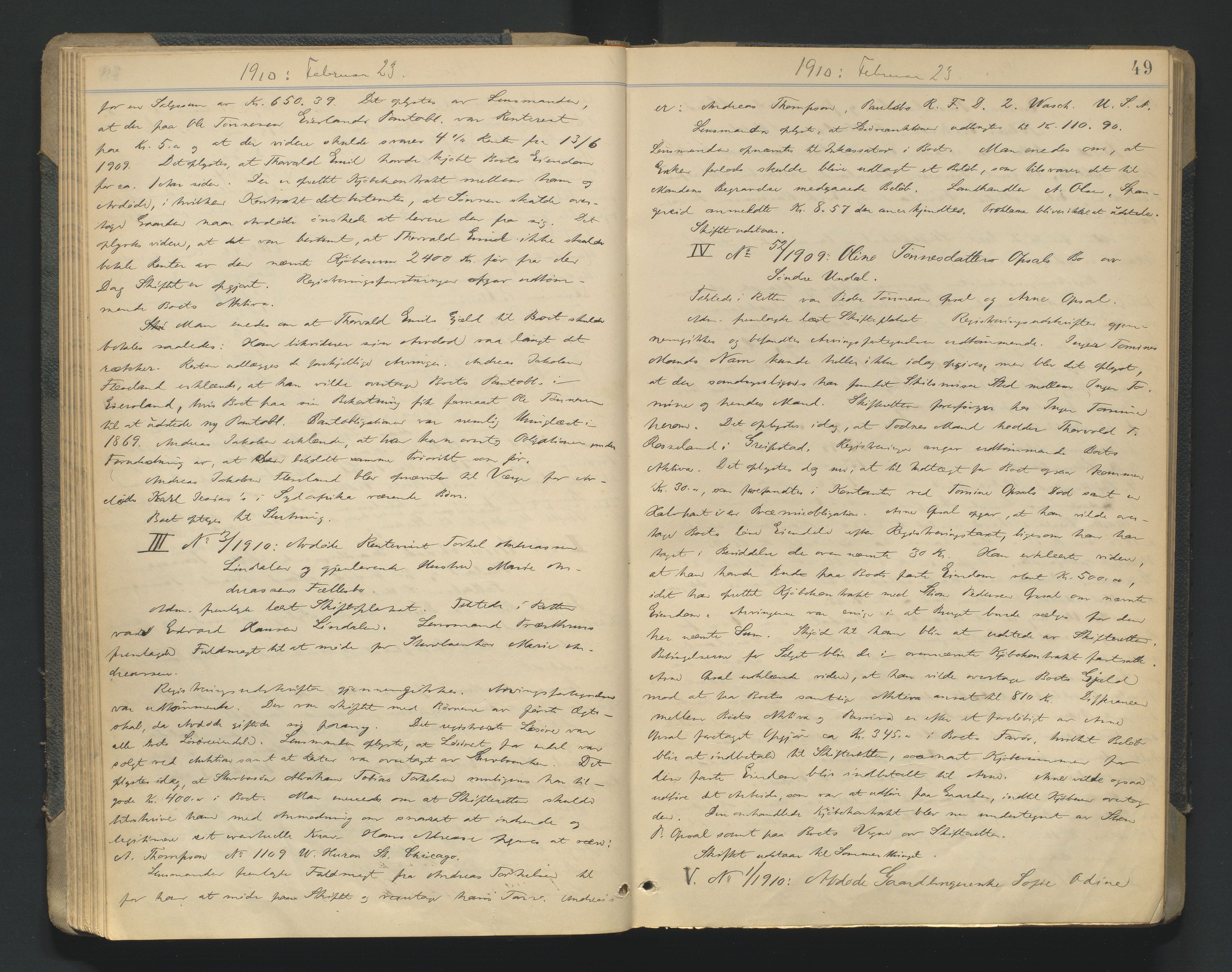 Mandal sorenskriveri, AV/SAK-1221-0005/001/H/Hc/L0081: Skifteforhandlingsprotokoll nr 13, 1909-1913, p. 49