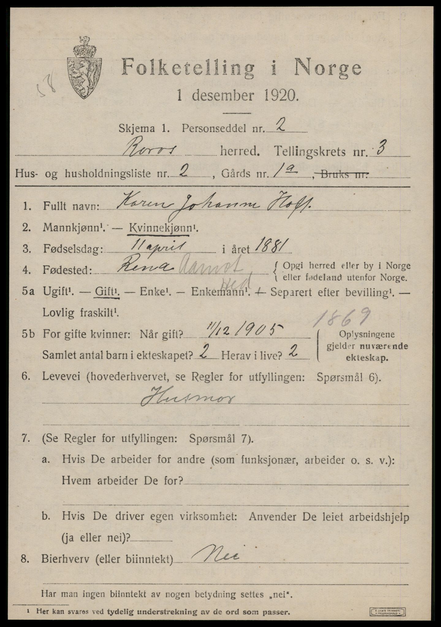 SAT, 1920 census for Røros, 1920, p. 3914