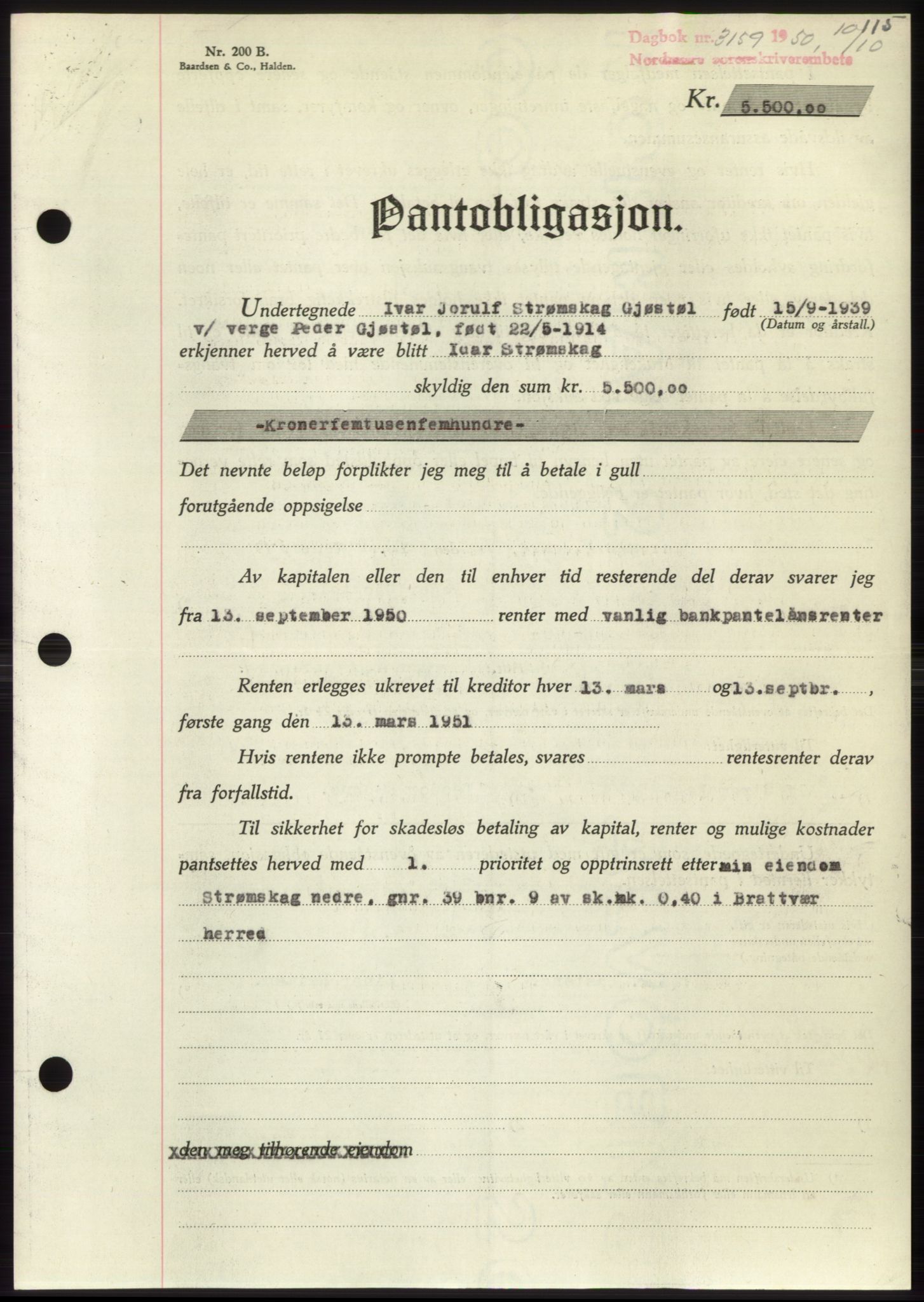 Nordmøre sorenskriveri, AV/SAT-A-4132/1/2/2Ca: Mortgage book no. B106, 1950-1950, Diary no: : 3159/1950