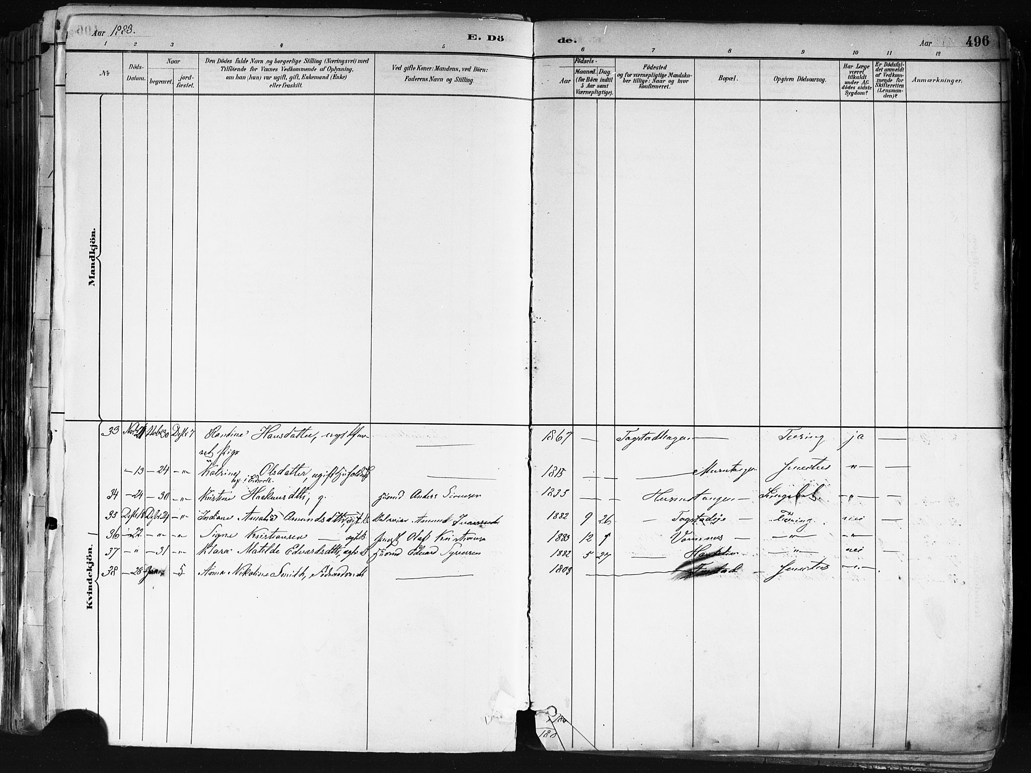 Nes prestekontor Kirkebøker, AV/SAO-A-10410/F/Fa/L0010: Parish register (official) no. I 10, 1883-1898, p. 496