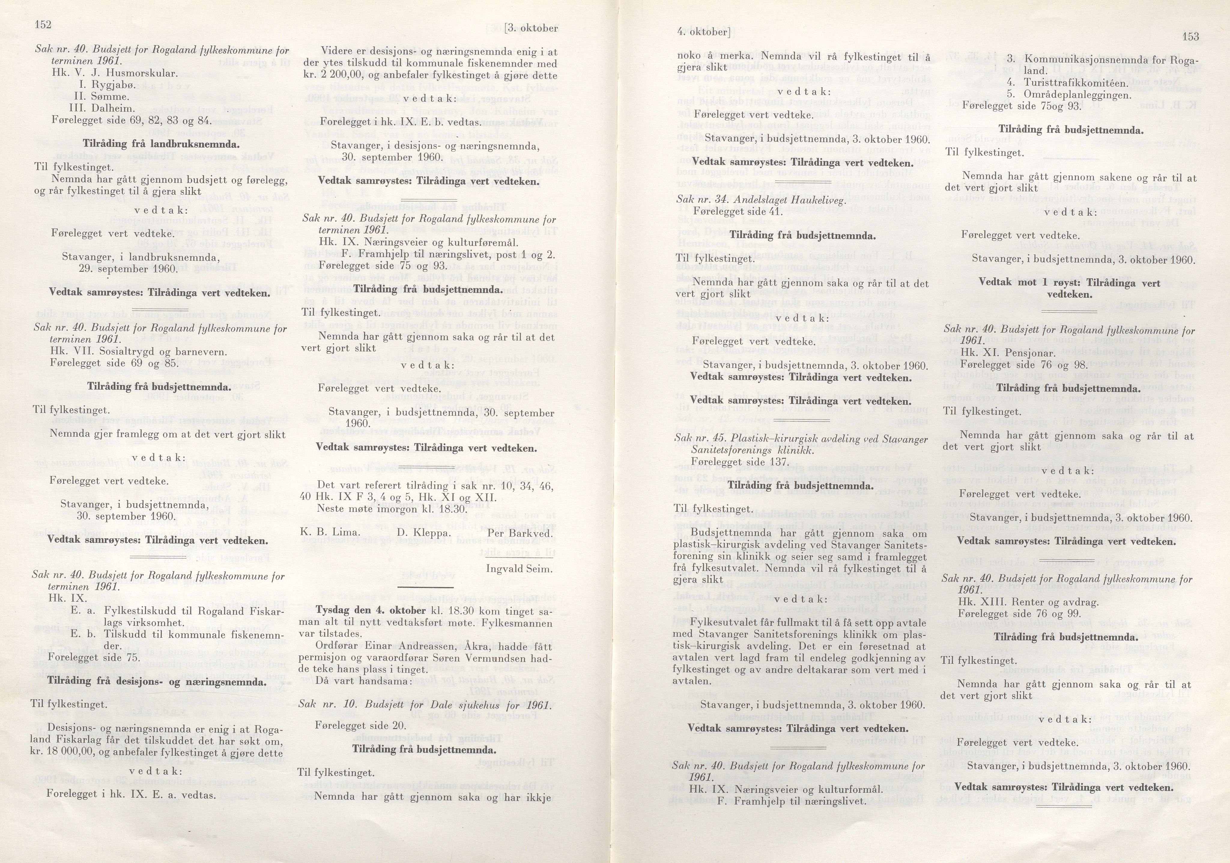 Rogaland fylkeskommune - Fylkesrådmannen , IKAR/A-900/A/Aa/Aaa/L0080: Møtebok , 1960, p. 152-153