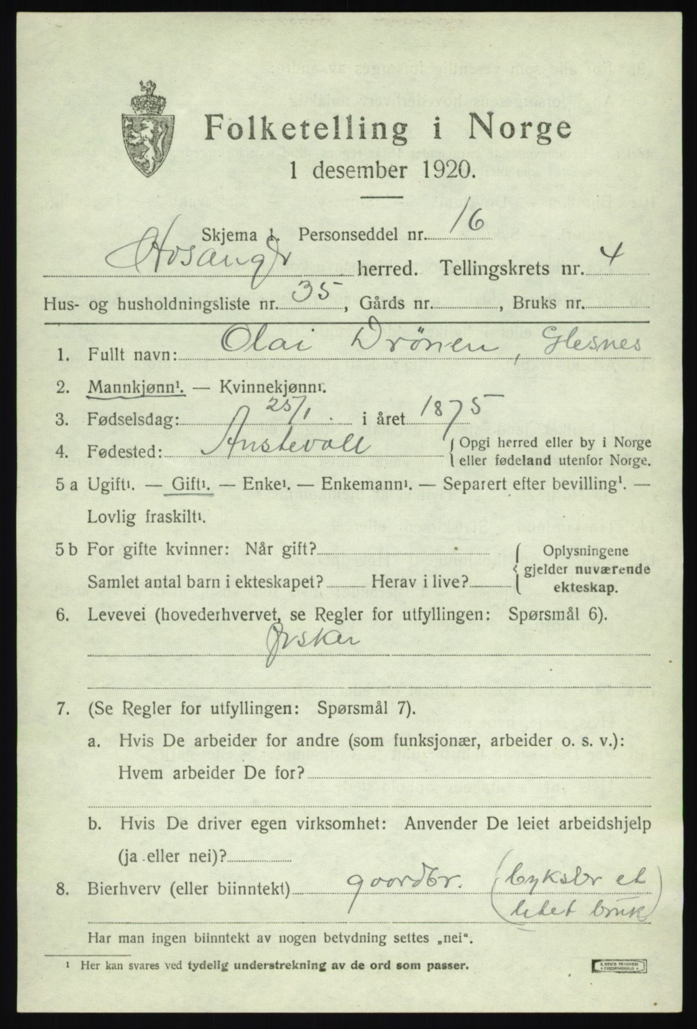 SAB, 1920 census for Hosanger, 1920, p. 2303
