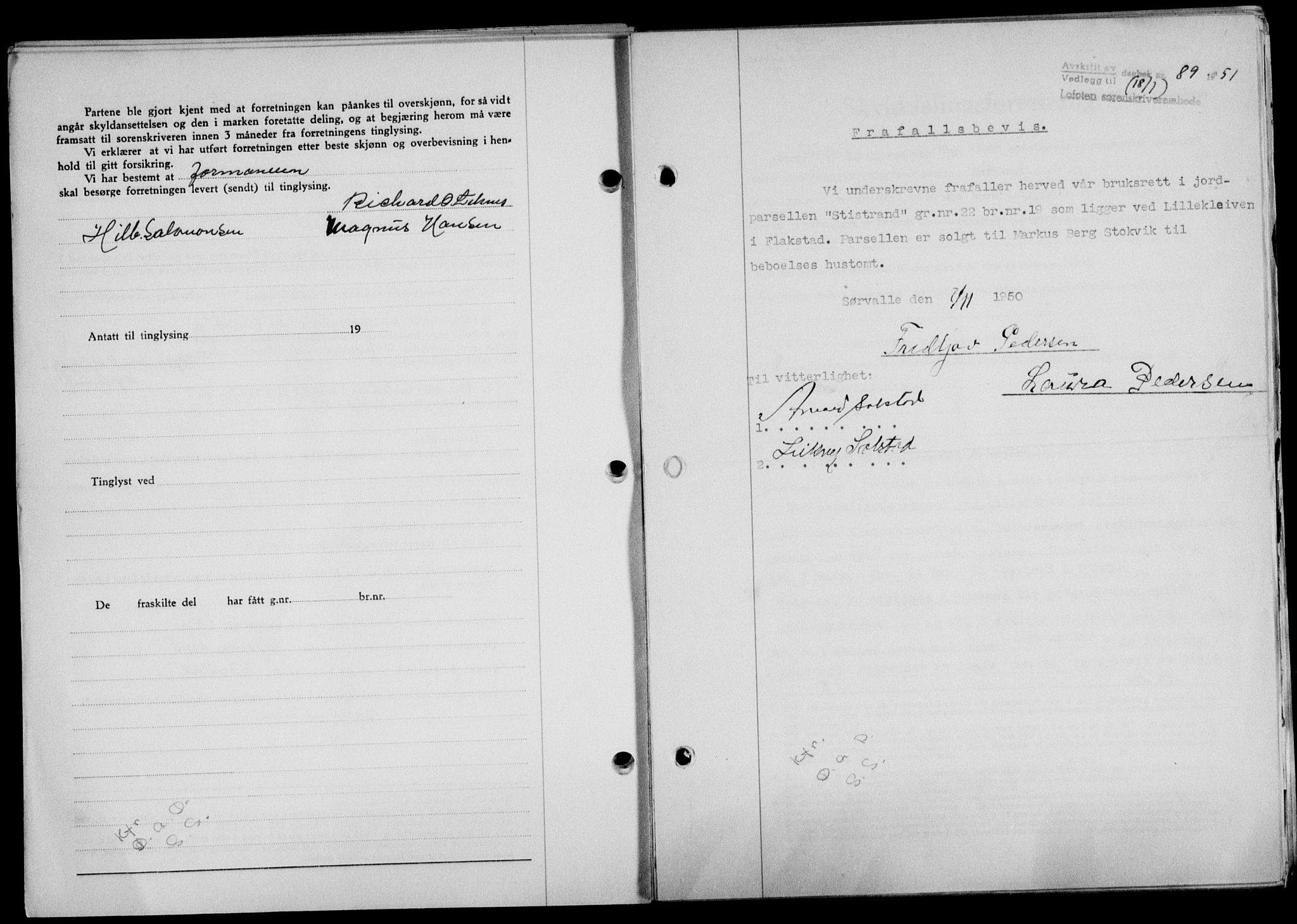 Lofoten sorenskriveri, SAT/A-0017/1/2/2C/L0025a: Mortgage book no. 25a, 1950-1951, Diary no: : 89/1951