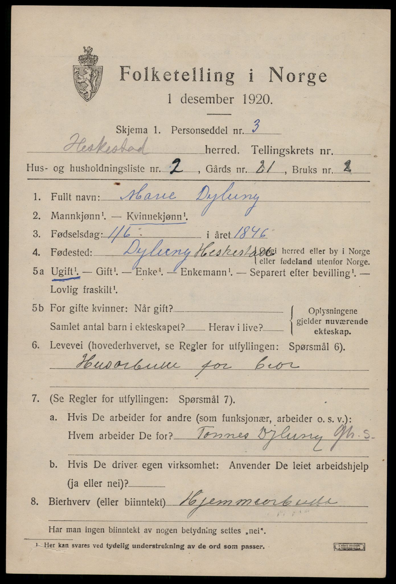 SAST, 1920 census for Heskestad, 1920, p. 2015