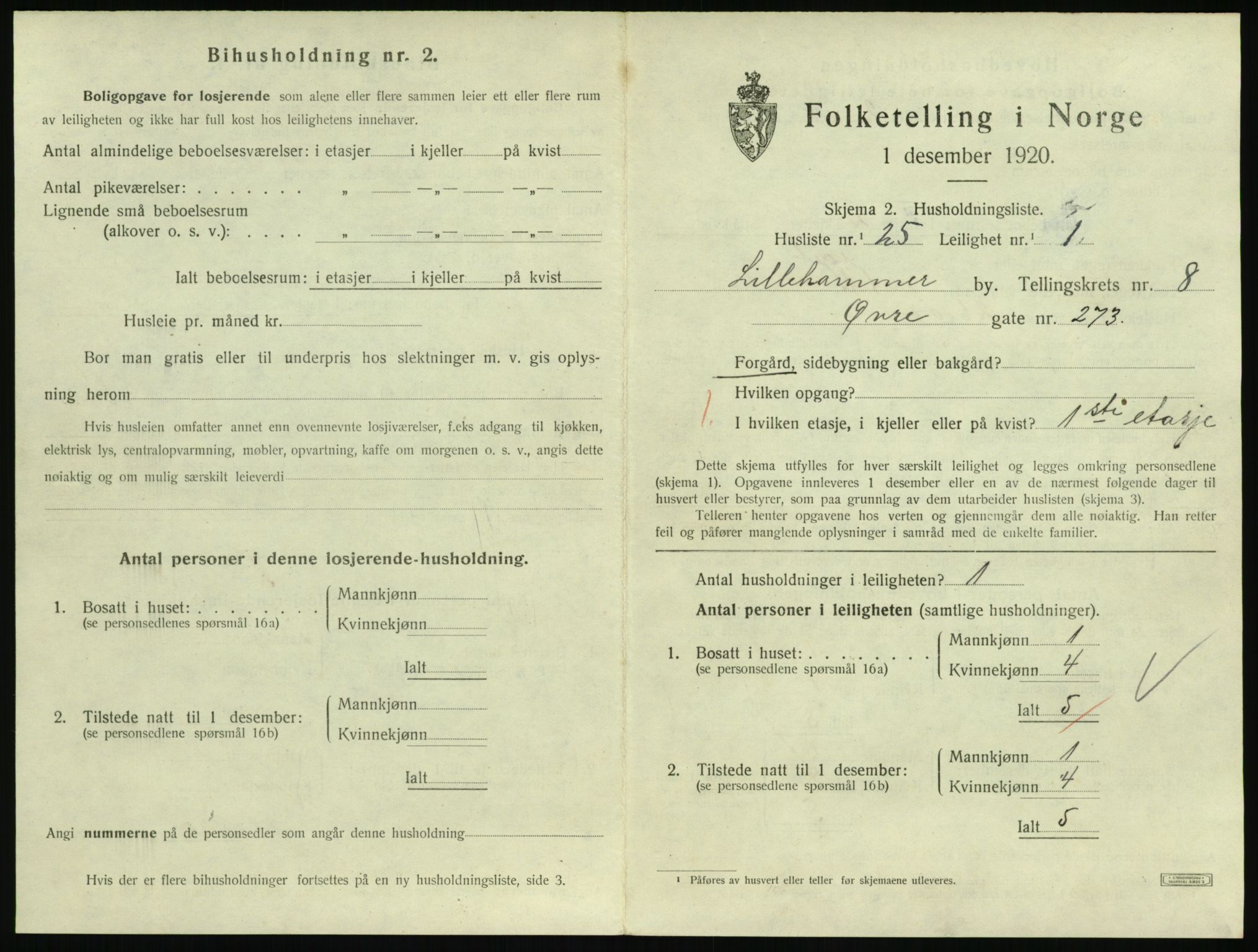 SAH, 1920 census for Lillehammer, 1920, p. 2922