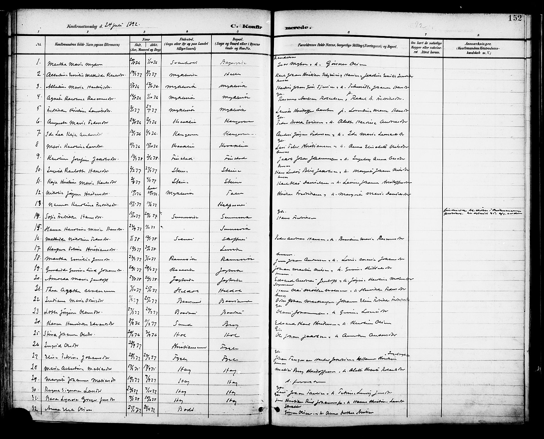 Ministerialprotokoller, klokkerbøker og fødselsregistre - Nordland, AV/SAT-A-1459/882/L1179: Parish register (official) no. 882A01, 1886-1898, p. 152