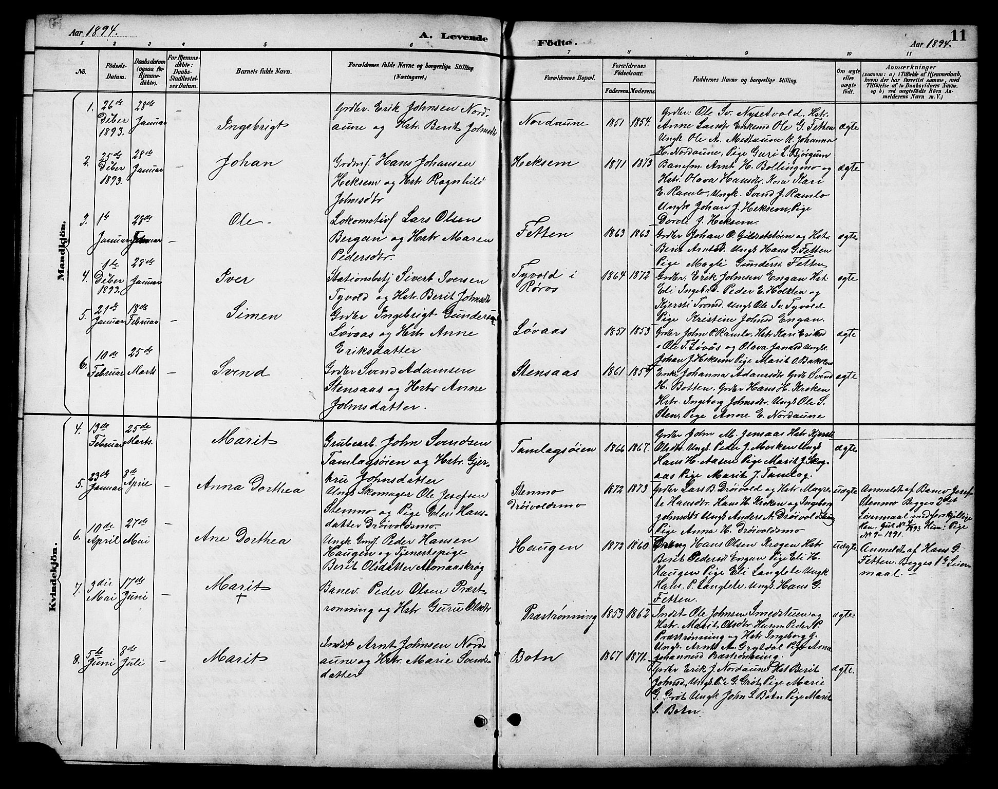 Ministerialprotokoller, klokkerbøker og fødselsregistre - Sør-Trøndelag, SAT/A-1456/685/L0978: Parish register (copy) no. 685C03, 1891-1907, p. 11