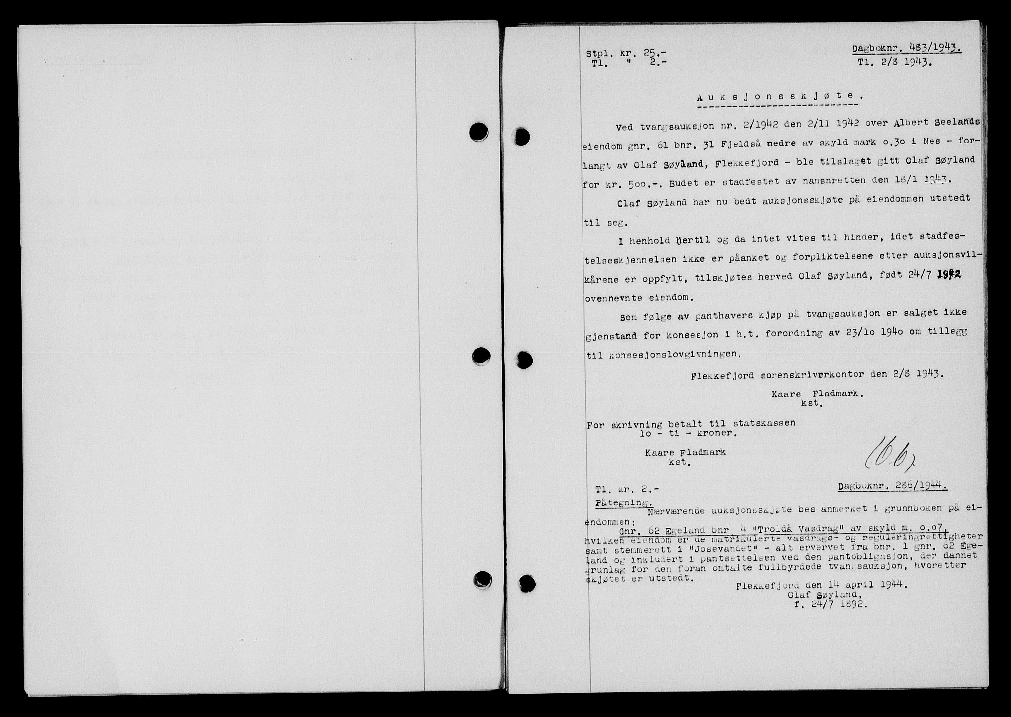 Flekkefjord sorenskriveri, SAK/1221-0001/G/Gb/Gba/L0058: Mortgage book no. A-6, 1942-1944, Diary no: : 483/1943