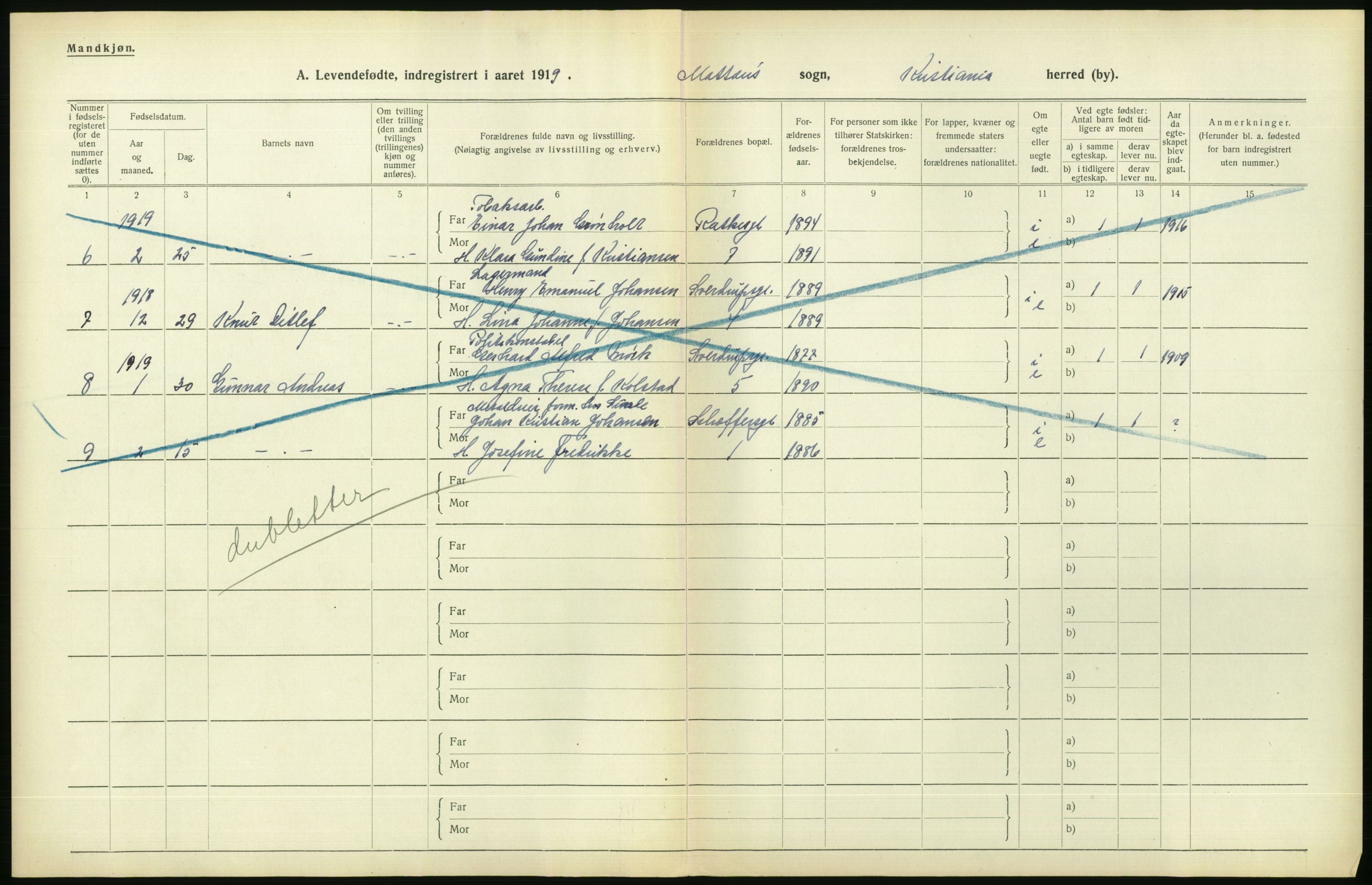 Statistisk sentralbyrå, Sosiodemografiske emner, Befolkning, AV/RA-S-2228/D/Df/Dfb/Dfbi/L0008: Kristiania: Levendefødte menn og kvinner., 1919