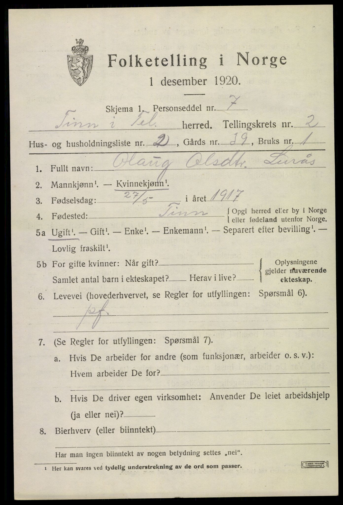 SAKO, 1920 census for Tinn, 1920, p. 3072