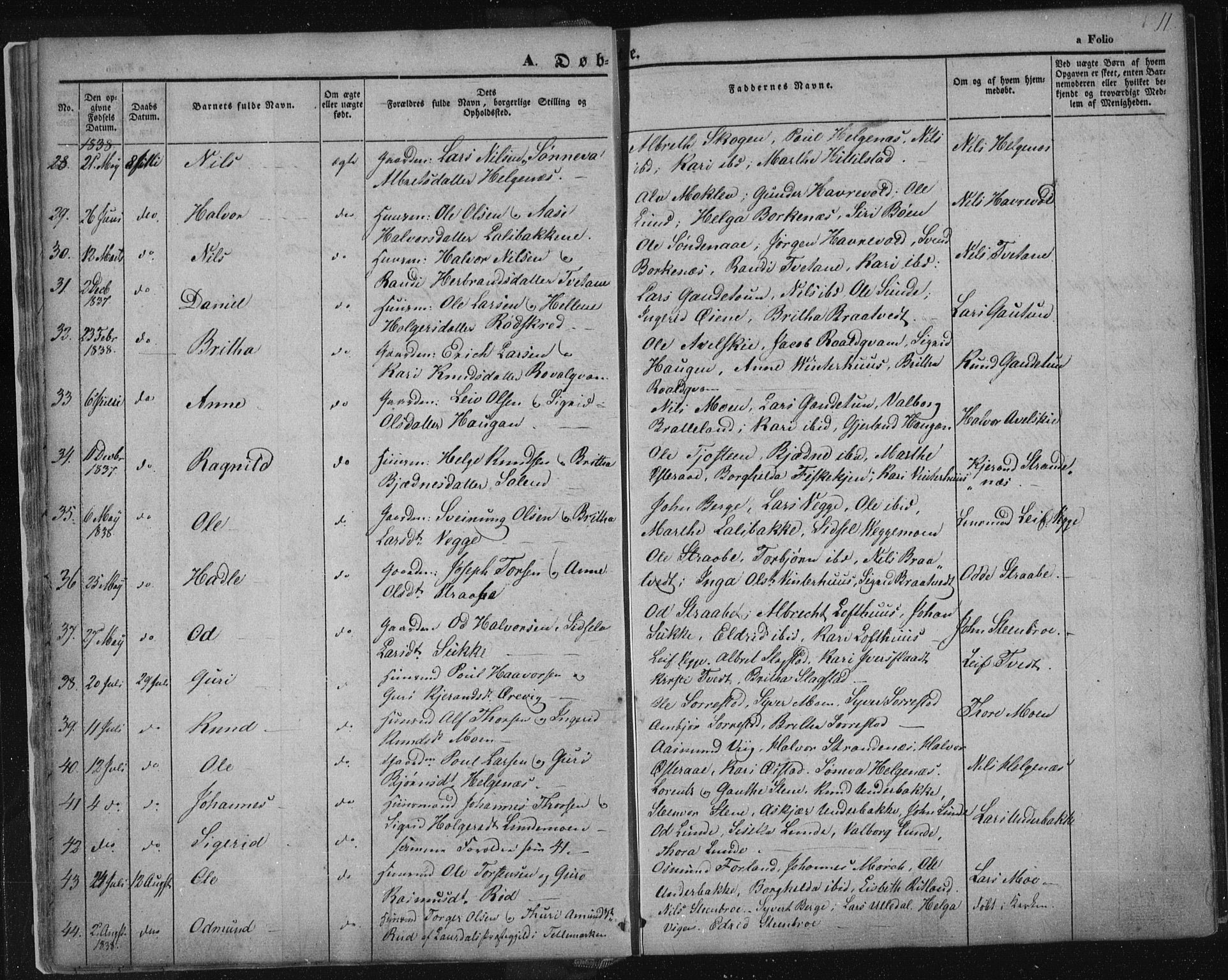 Suldal sokneprestkontor, SAST/A-101845/01/IV/L0008: Parish register (official) no. A 8, 1836-1853, p. 11