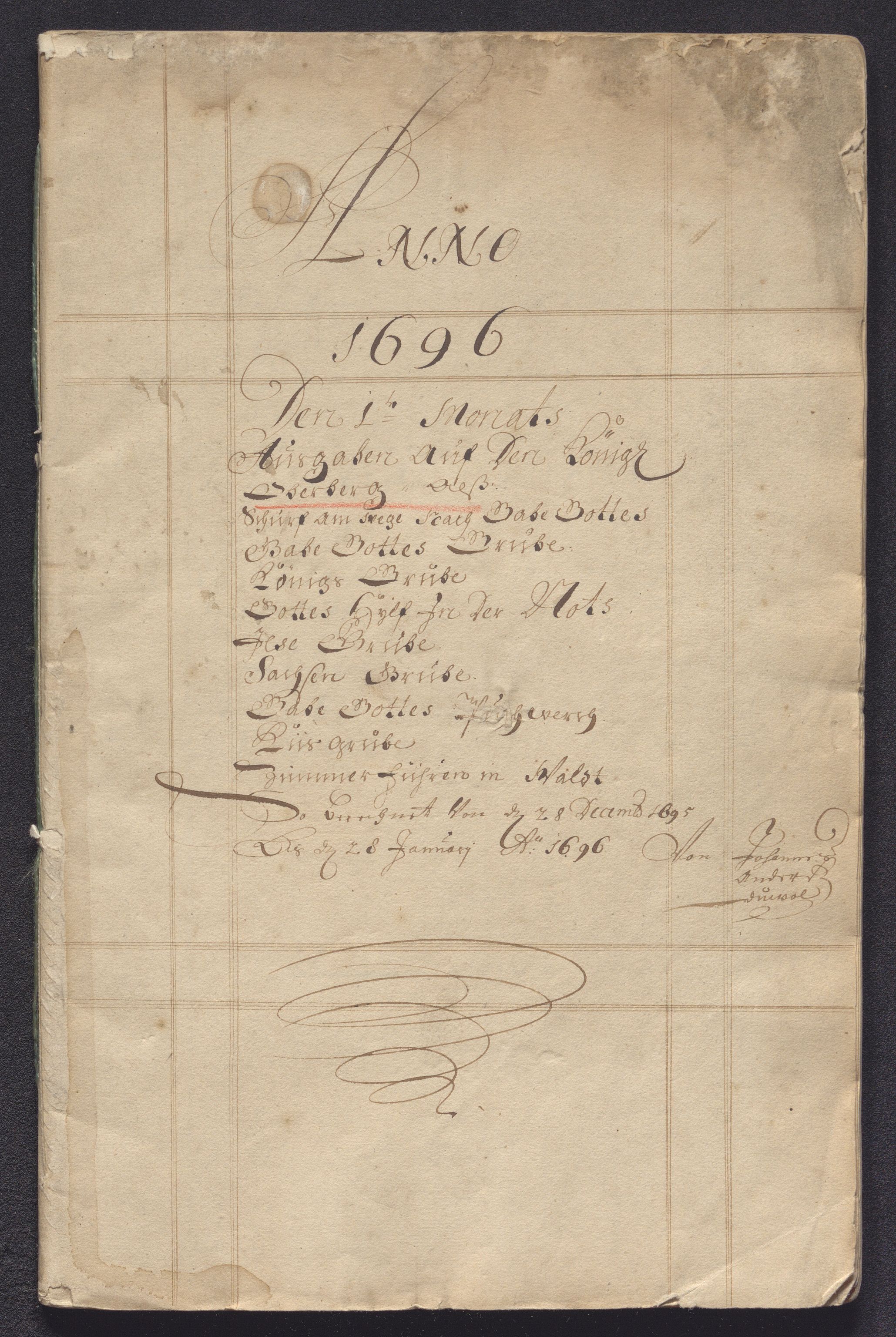Kongsberg Sølvverk 1623-1816, SAKO/EA-3135/001/D/Dc/Dcd/L0071: Utgiftsregnskap for gruver m.m. , 1696-1697, p. 1