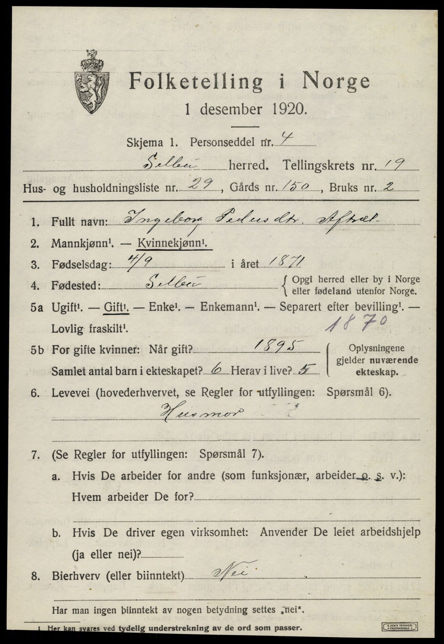 SAT, 1920 census for Selbu, 1920, p. 10196