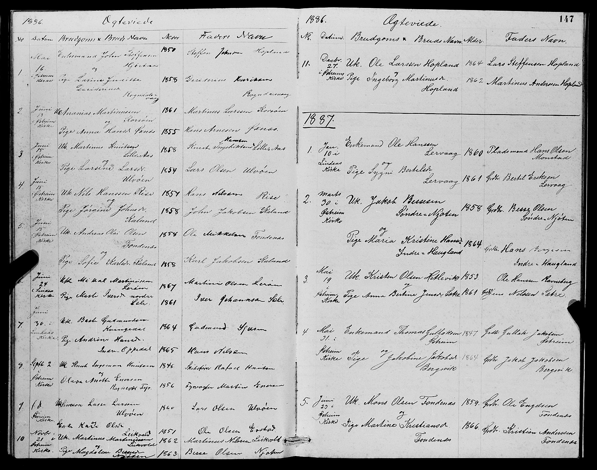 Lindås Sokneprestembete, SAB/A-76701/H/Hab: Parish register (copy) no. C 3, 1886-1893, p. 147