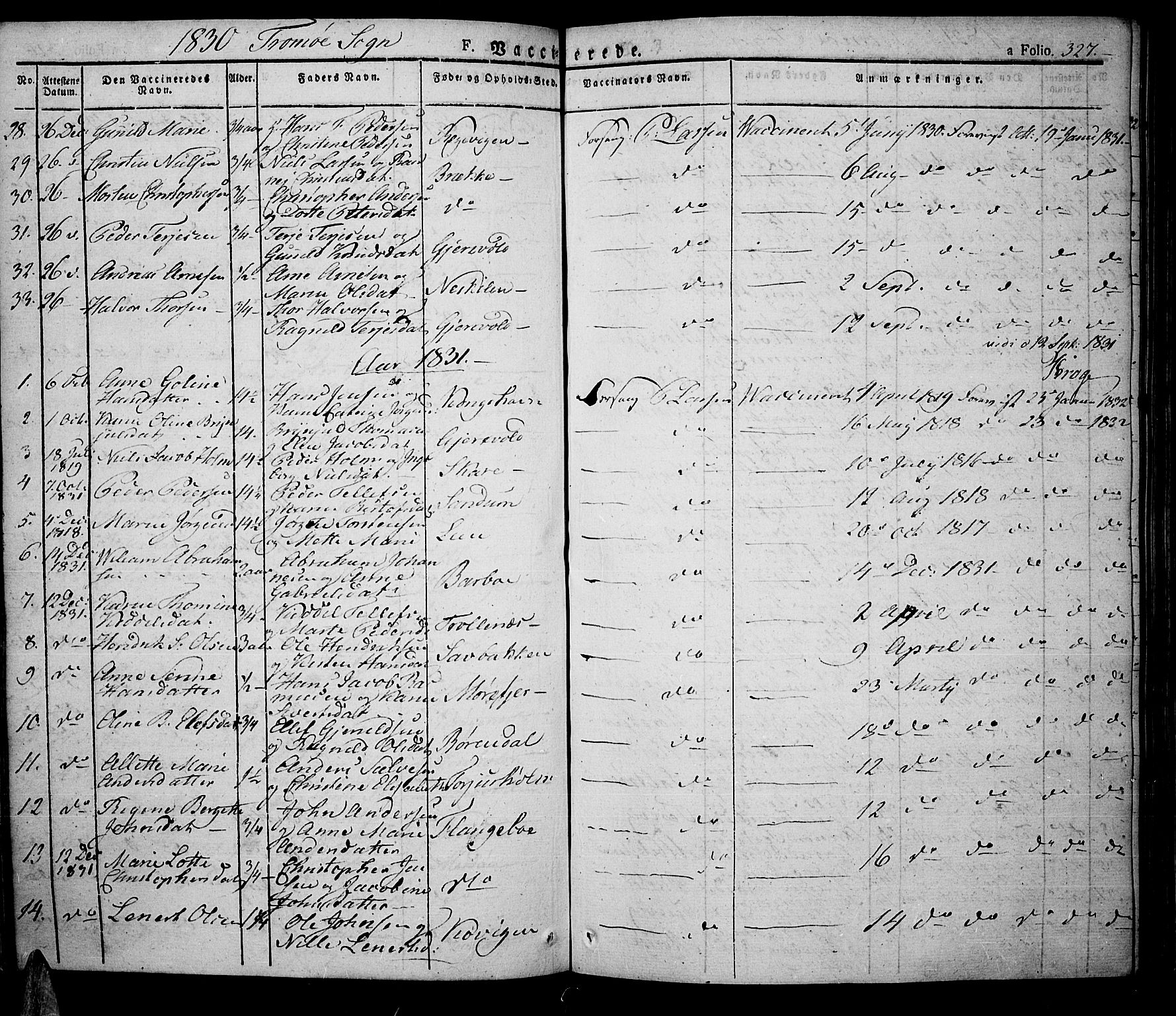Tromøy sokneprestkontor, SAK/1111-0041/F/Fa/L0003: Parish register (official) no. A 3, 1825-1837, p. 327