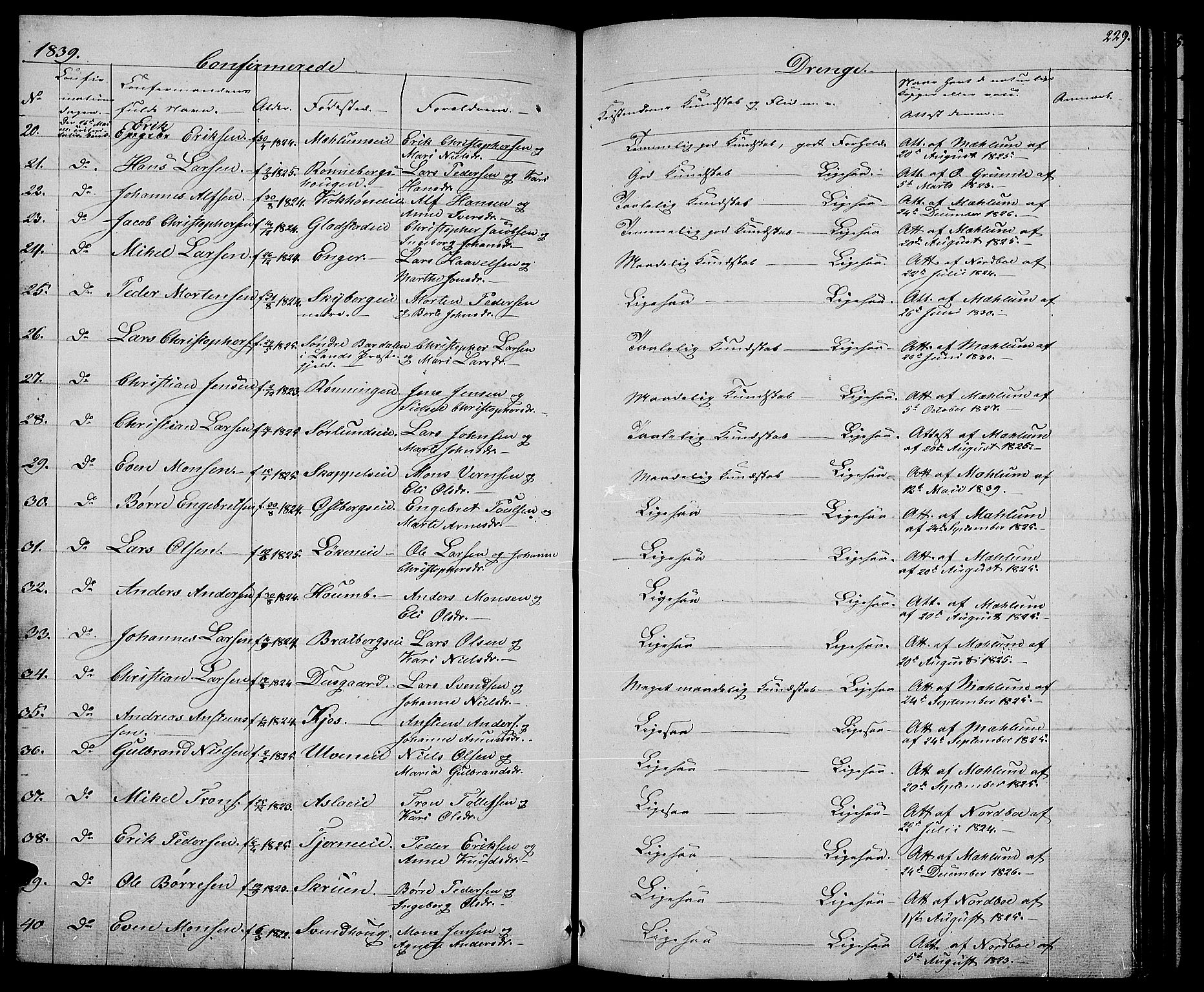 Ringsaker prestekontor, AV/SAH-PREST-014/L/La/L0005: Parish register (copy) no. 5, 1839-1850, p. 229