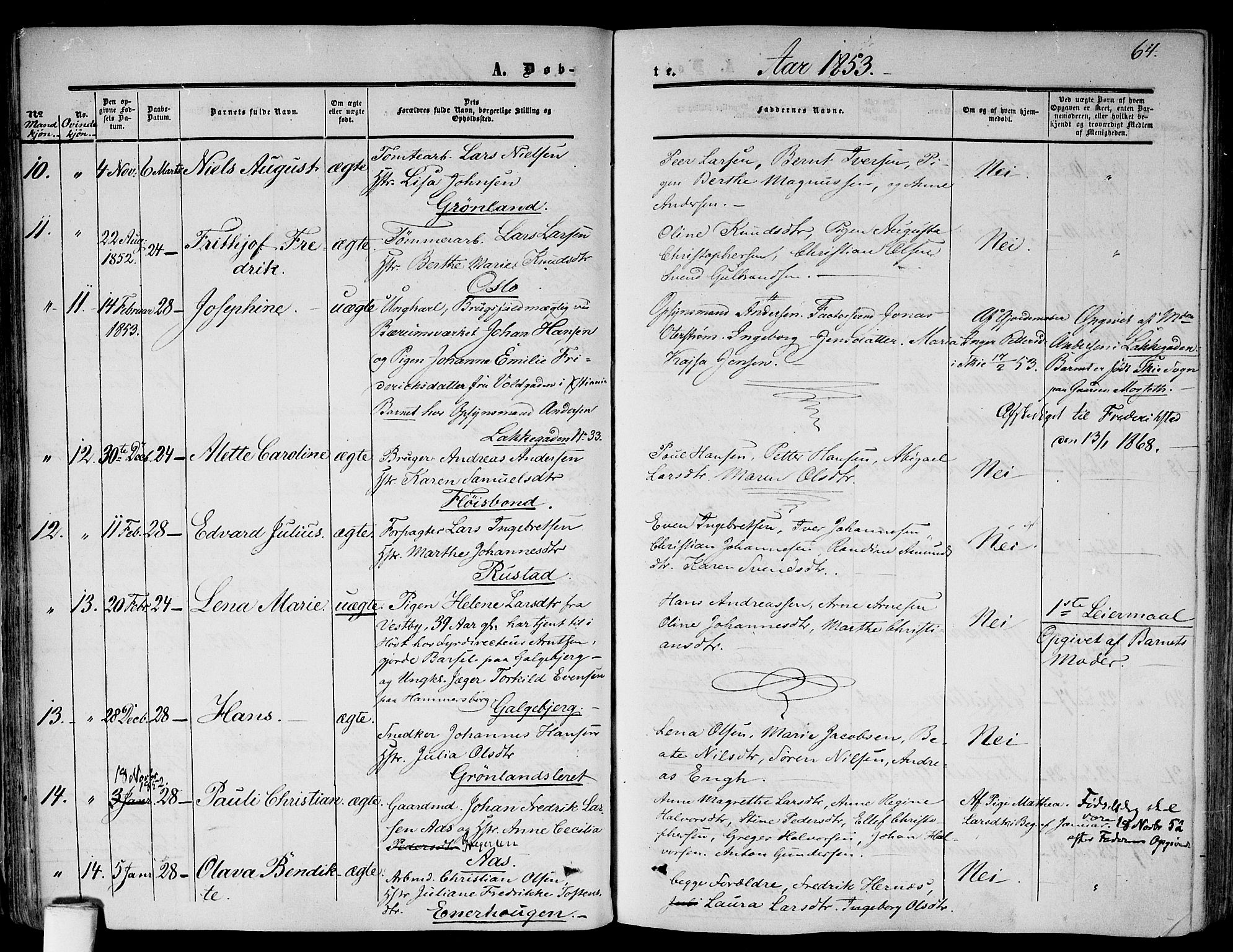 Gamlebyen prestekontor Kirkebøker, AV/SAO-A-10884/F/Fa/L0004: Parish register (official) no. 4, 1850-1857, p. 64