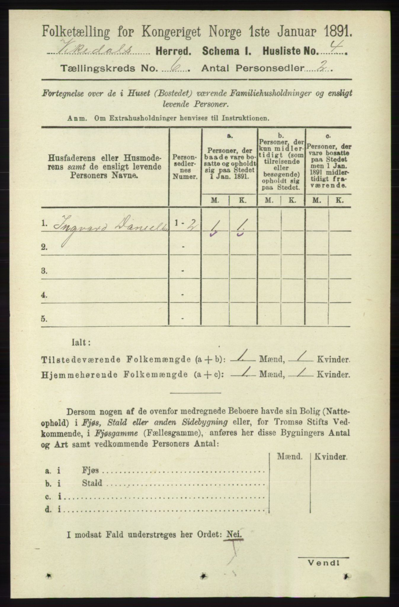 RA, 1891 census for 1157 Vikedal, 1891, p. 1494