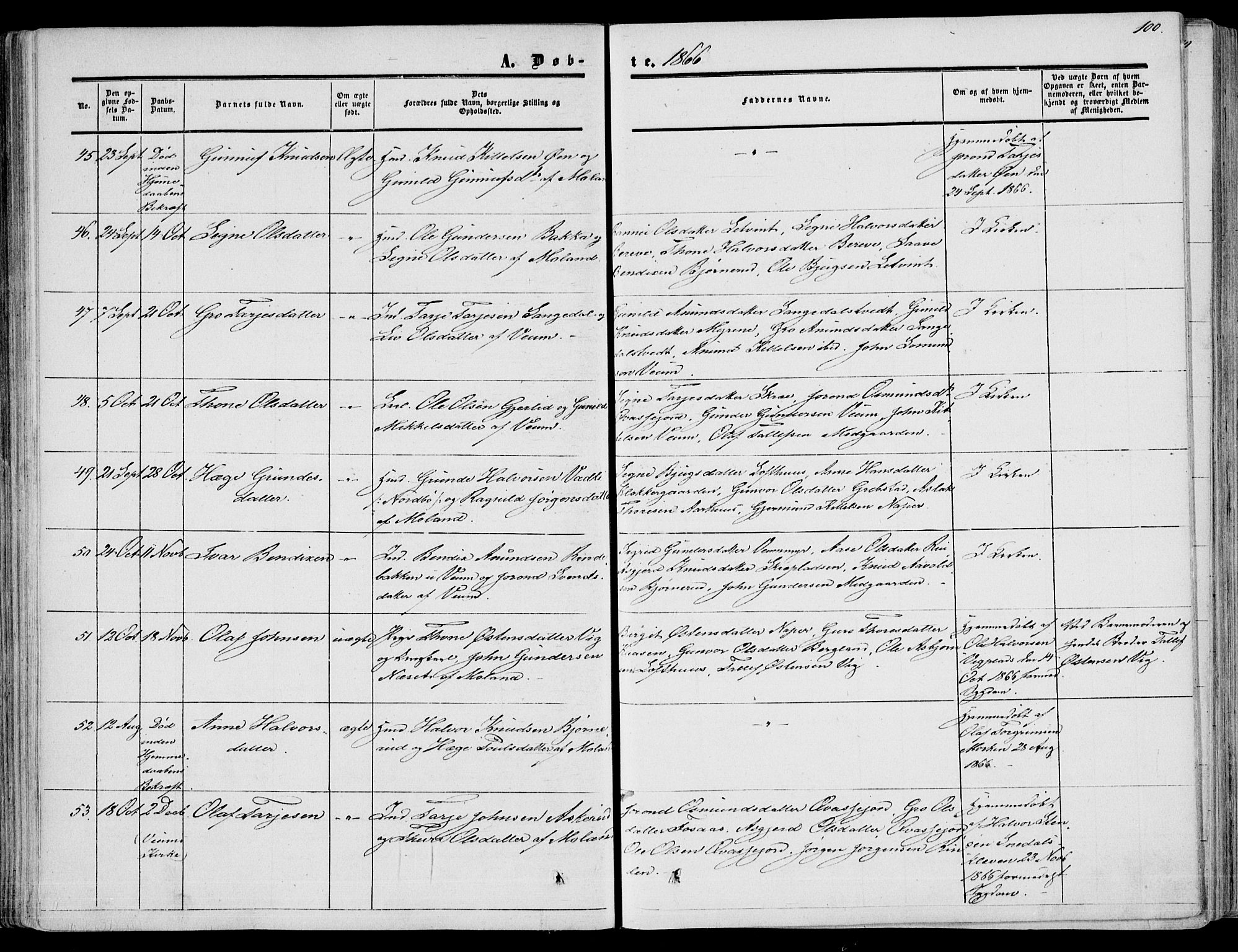 Fyresdal kirkebøker, SAKO/A-263/F/Fa/L0005: Parish register (official) no. I 5, 1855-1871, p. 100