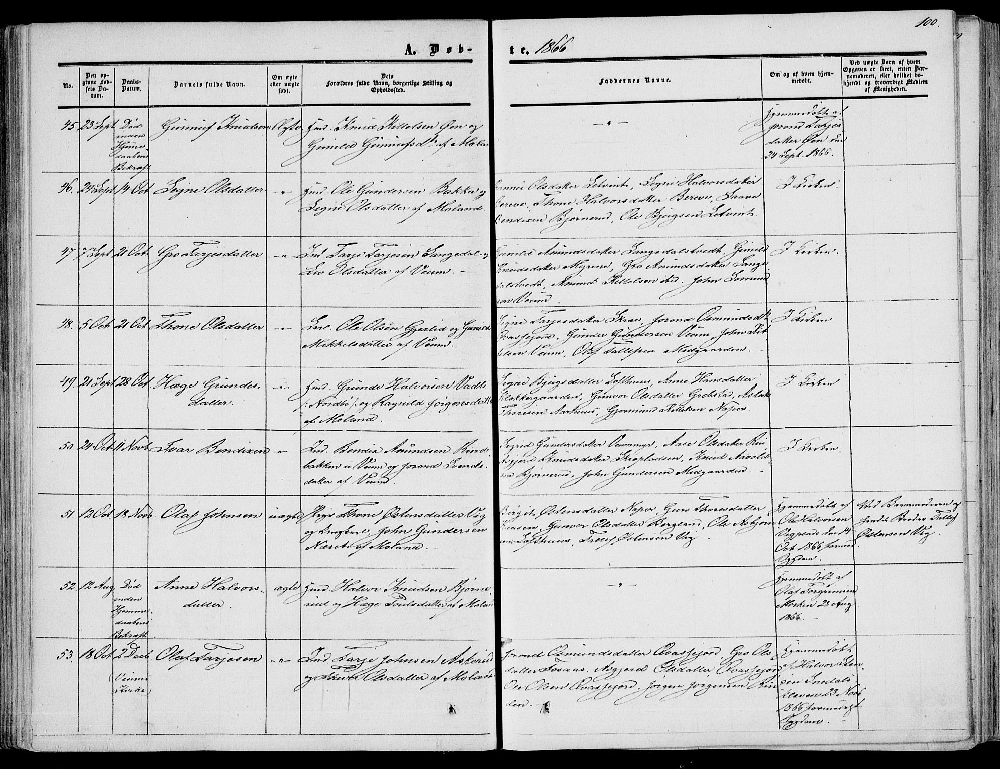 Fyresdal kirkebøker, AV/SAKO-A-263/F/Fa/L0005: Parish register (official) no. I 5, 1855-1871, p. 100