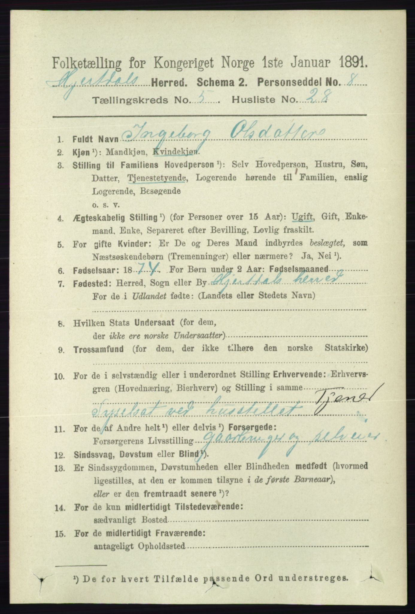 RA, 1891 census for 0827 Hjartdal, 1891, p. 1927
