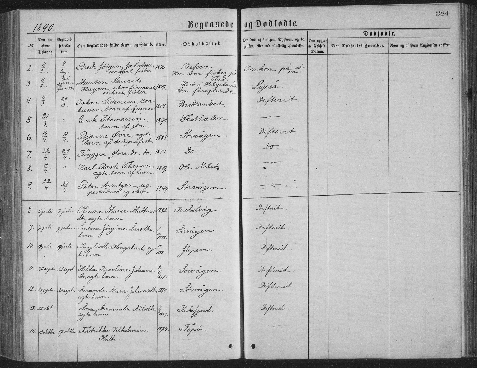 Ministerialprotokoller, klokkerbøker og fødselsregistre - Nordland, AV/SAT-A-1459/886/L1225: Parish register (copy) no. 886C02, 1874-1896, p. 284