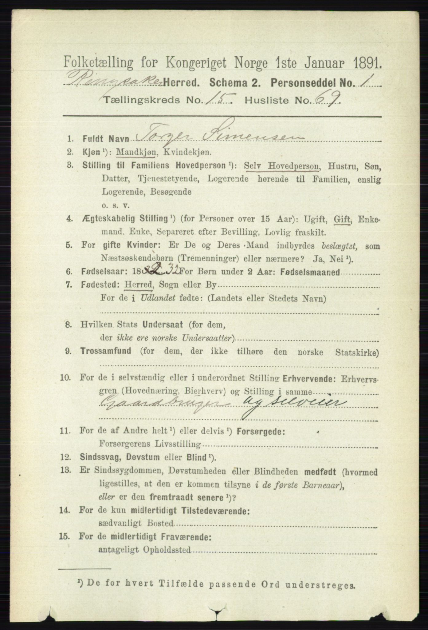 RA, 1891 census for 0412 Ringsaker, 1891, p. 8906