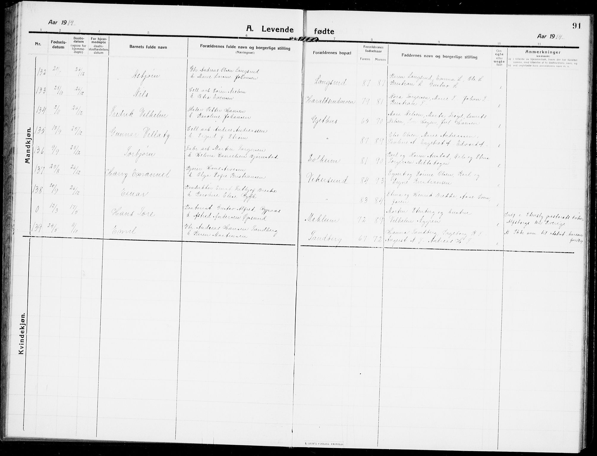 Modum kirkebøker, AV/SAKO-A-234/G/Ga/L0009: Parish register (copy) no. I 9, 1909-1923, p. 91
