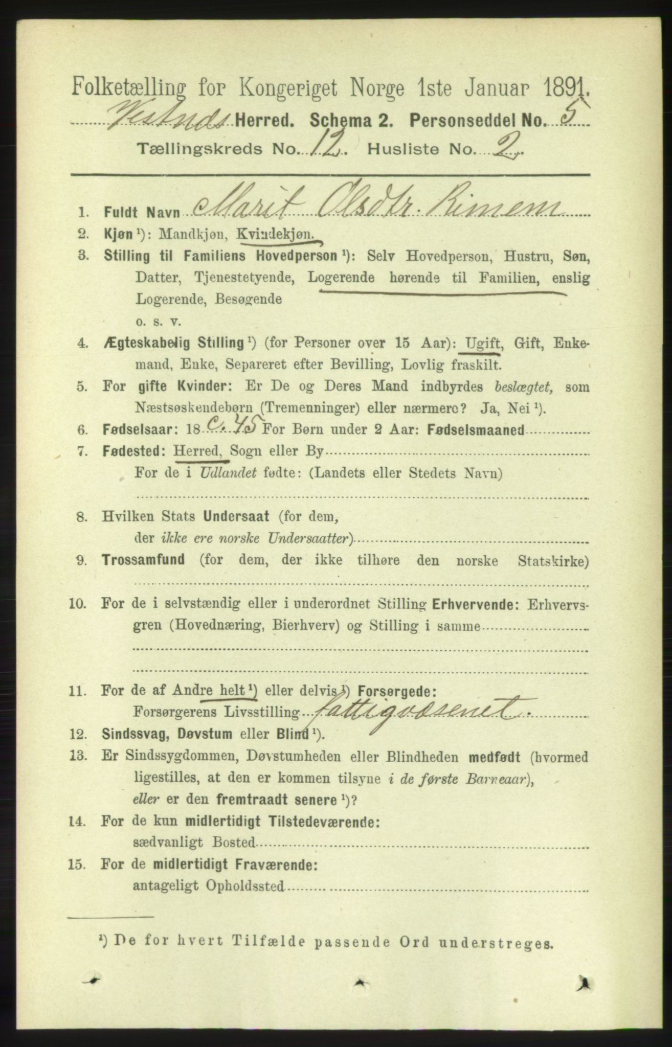 RA, 1891 census for 1535 Vestnes, 1891, p. 4427