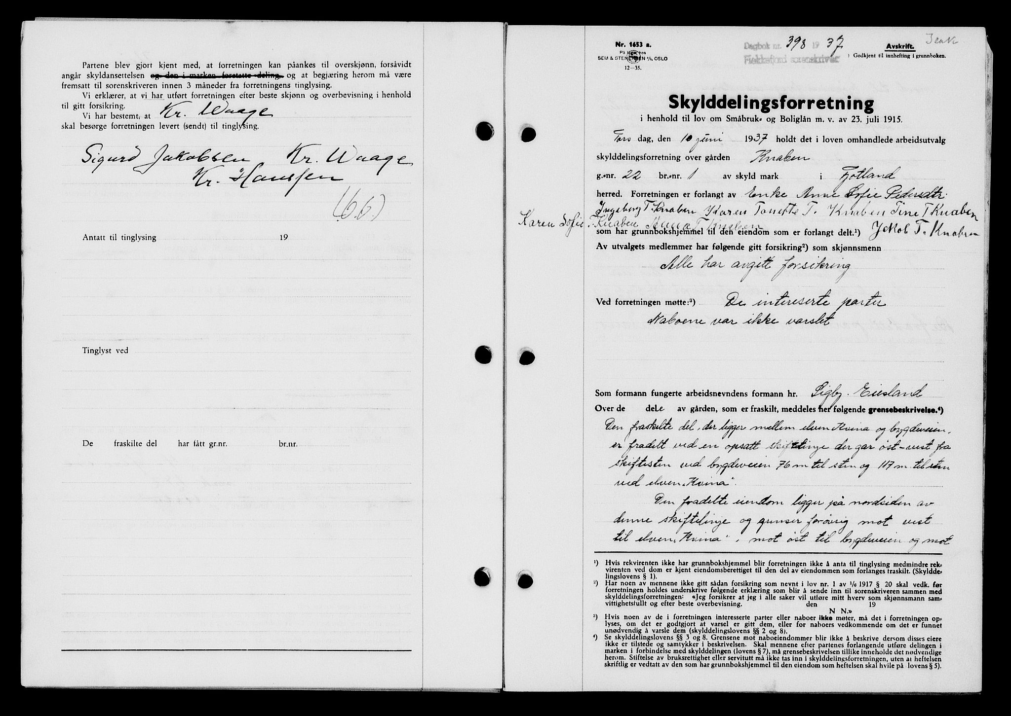 Flekkefjord sorenskriveri, SAK/1221-0001/G/Gb/Gba/L0053: Mortgage book no. A-1, 1936-1937, Diary no: : 398/1937