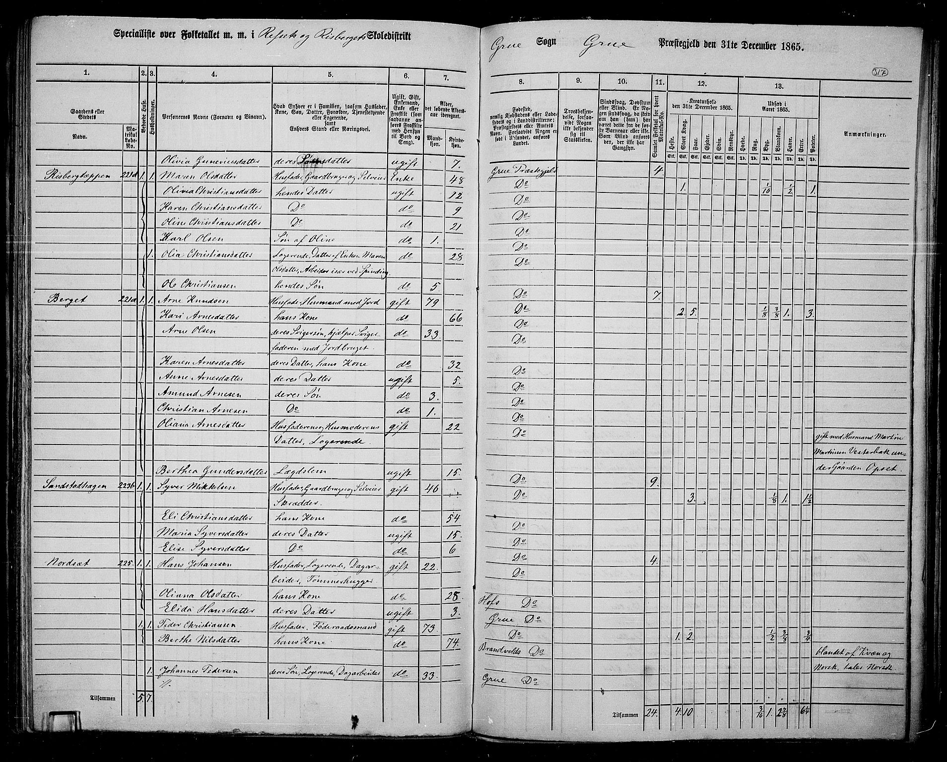 RA, 1865 census for Grue, 1865, p. 280