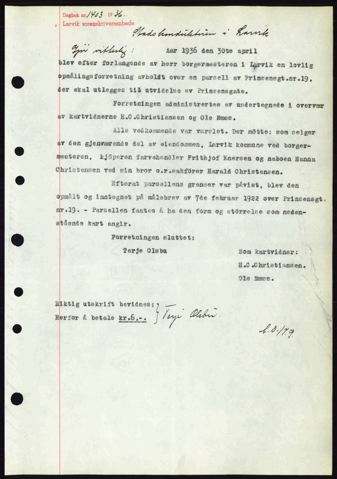 Larvik sorenskriveri, SAKO/A-83/G/Ga/Gab/L0067: Mortgage book no. A-1, 1936-1937, Diary no: : 1403/1936