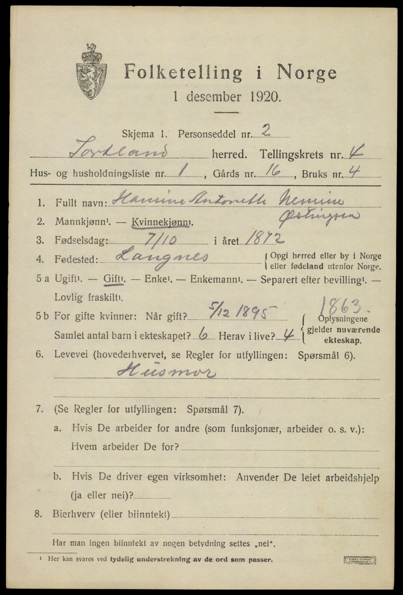 SAT, 1920 census for Sortland, 1920, p. 4828