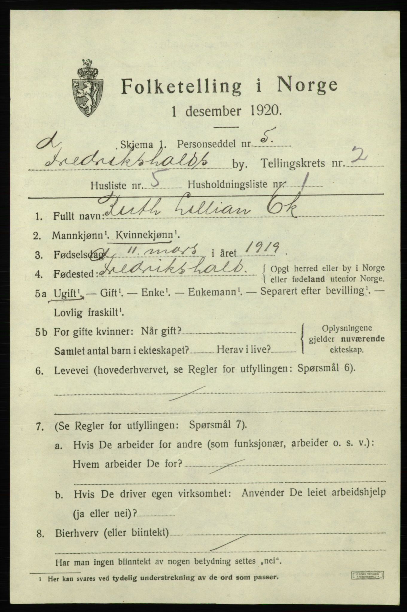 SAO, 1920 census for Fredrikshald, 1920, p. 9312