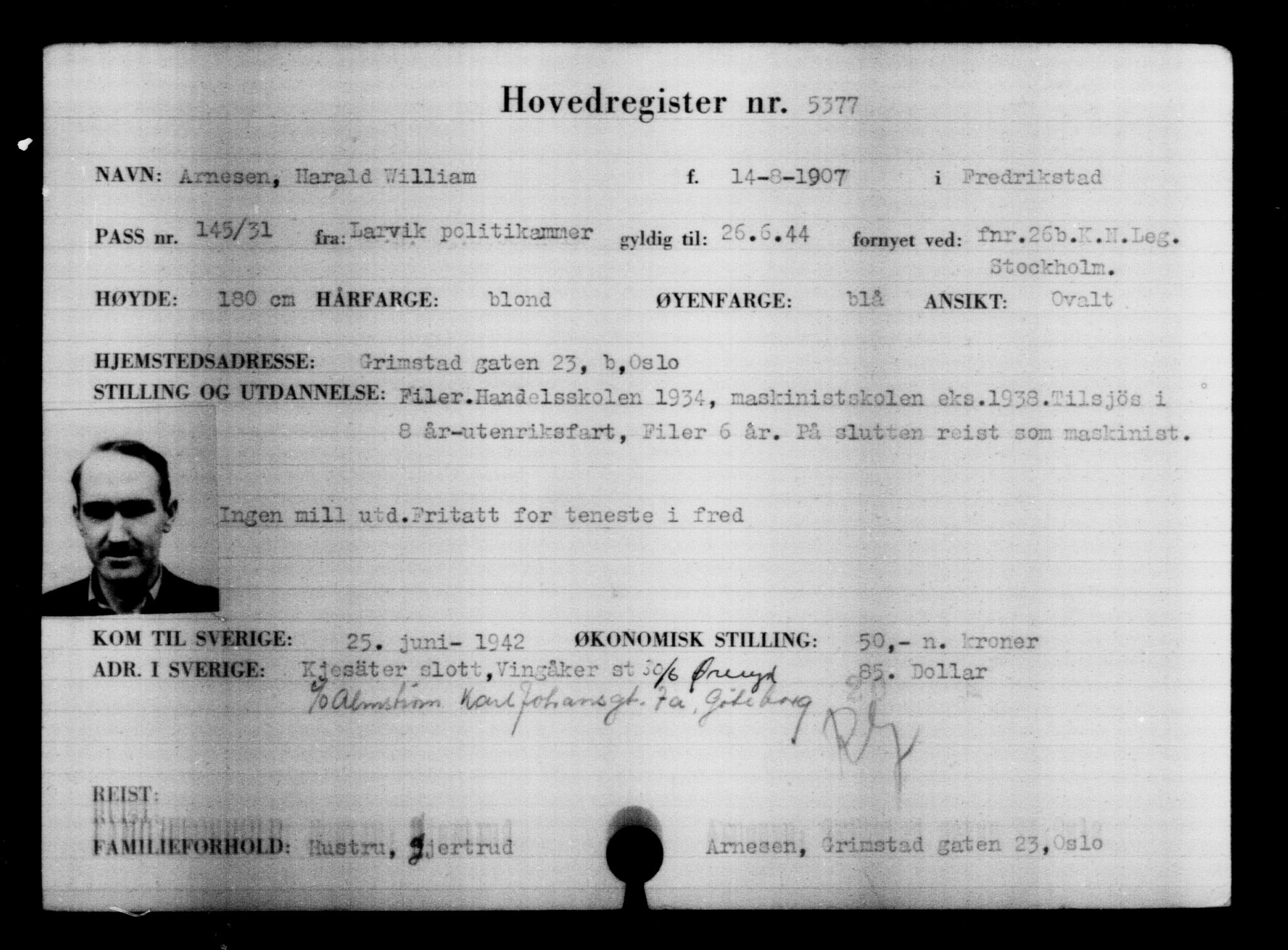 Utenriksstasjonene, Legasjonen i Stockholm, Flyktningkontoret, AV/RA-S-6753/V/Va/L0004: Kjesäterkartoteket, flyktninger med registreringsnr. 3496-6610, 1940-1945, p. 2168